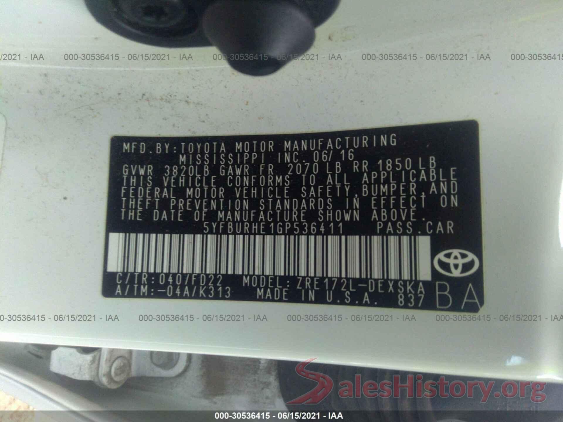 5YFBURHE1GP536411 2016 TOYOTA COROLLA