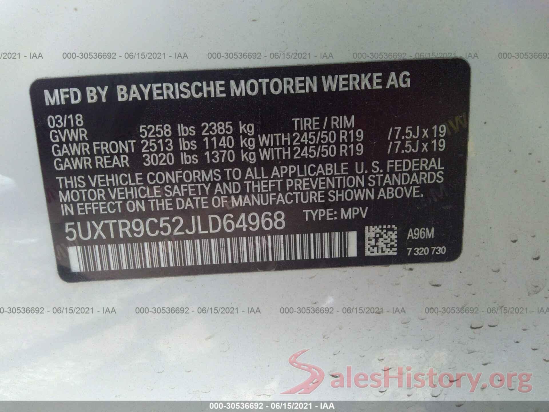 5UXTR9C52JLD64968 2018 BMW X3