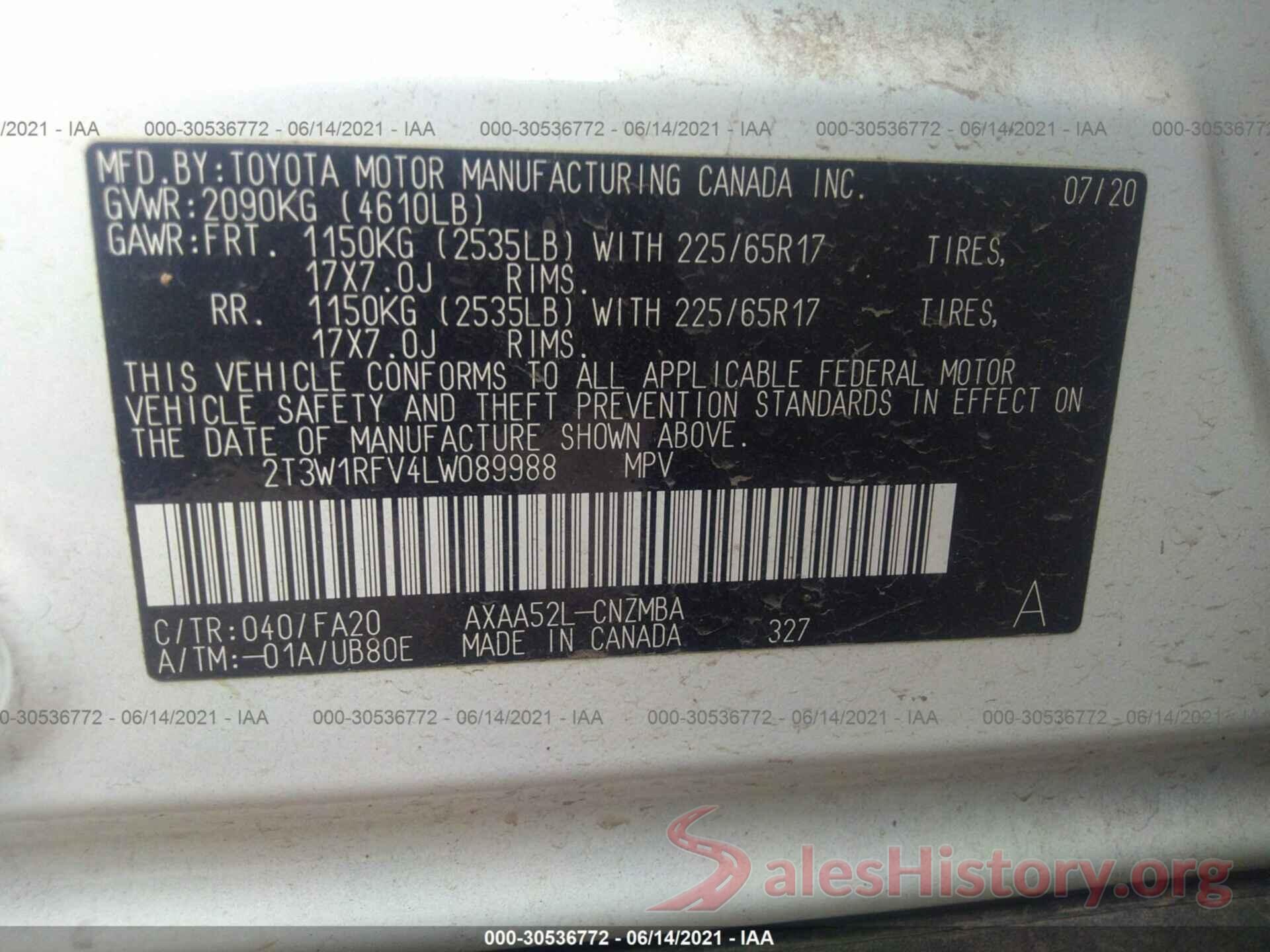 2T3W1RFV4LW089988 2020 TOYOTA RAV4