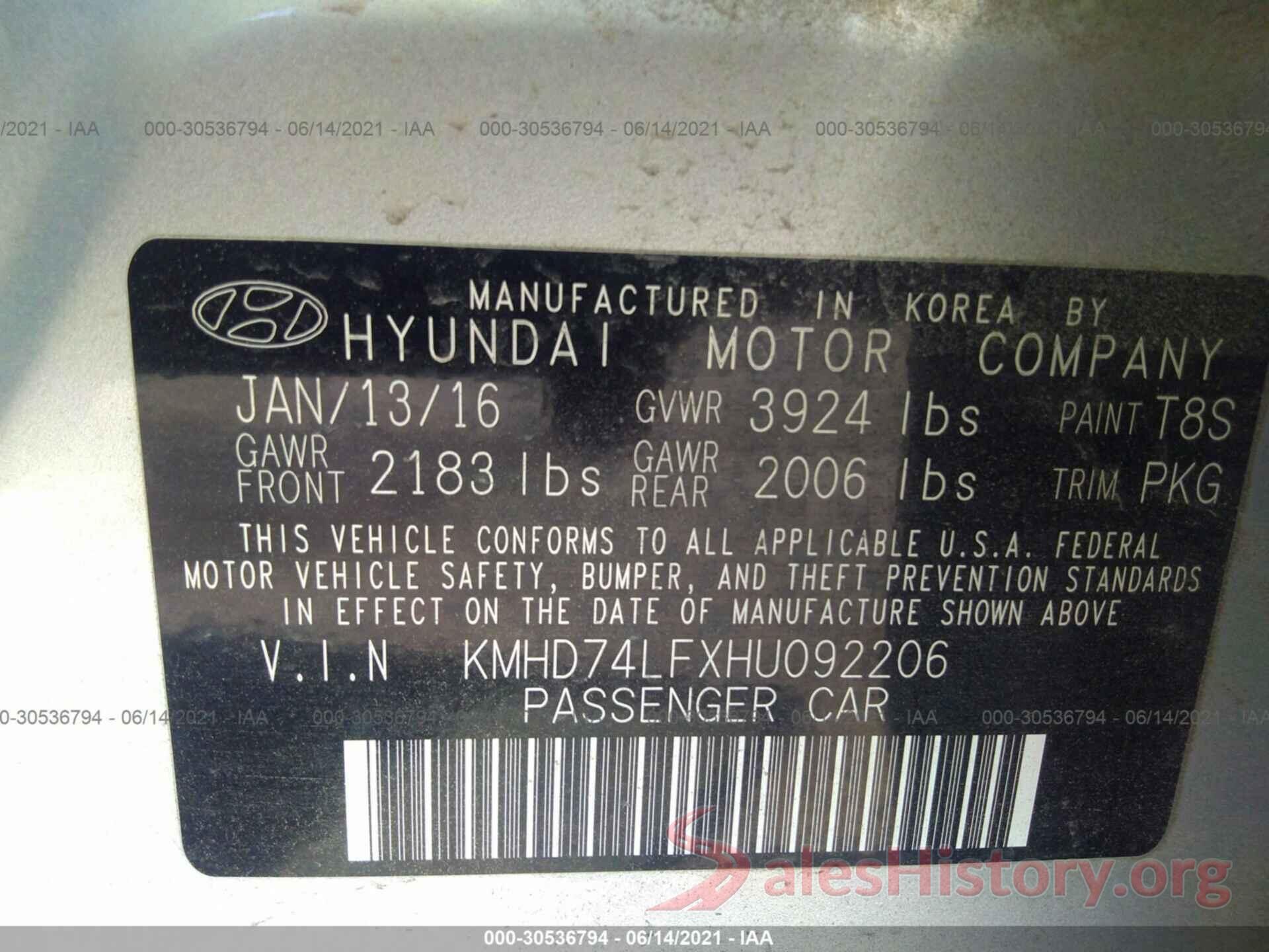 KMHD74LFXHU092206 2017 HYUNDAI ELANTRA