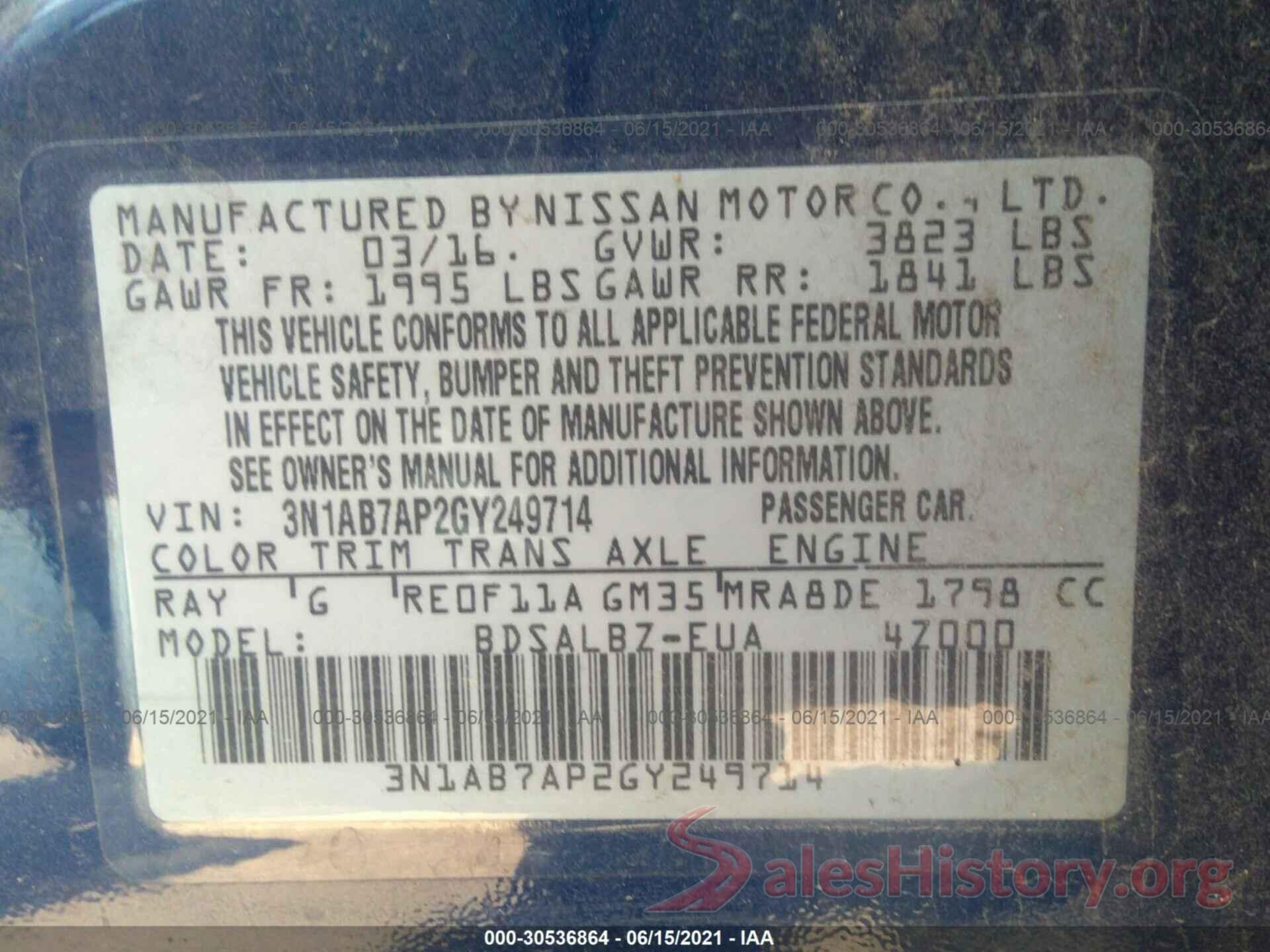 3N1AB7AP2GY249714 2016 NISSAN SENTRA