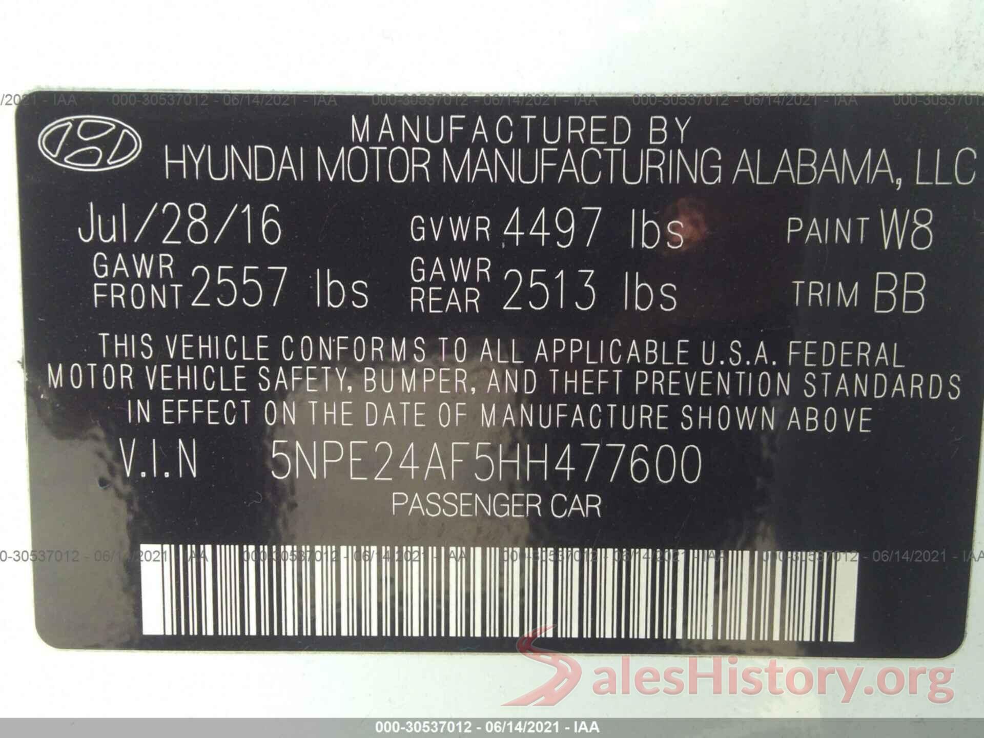 5NPE24AF5HH477600 2017 HYUNDAI SONATA