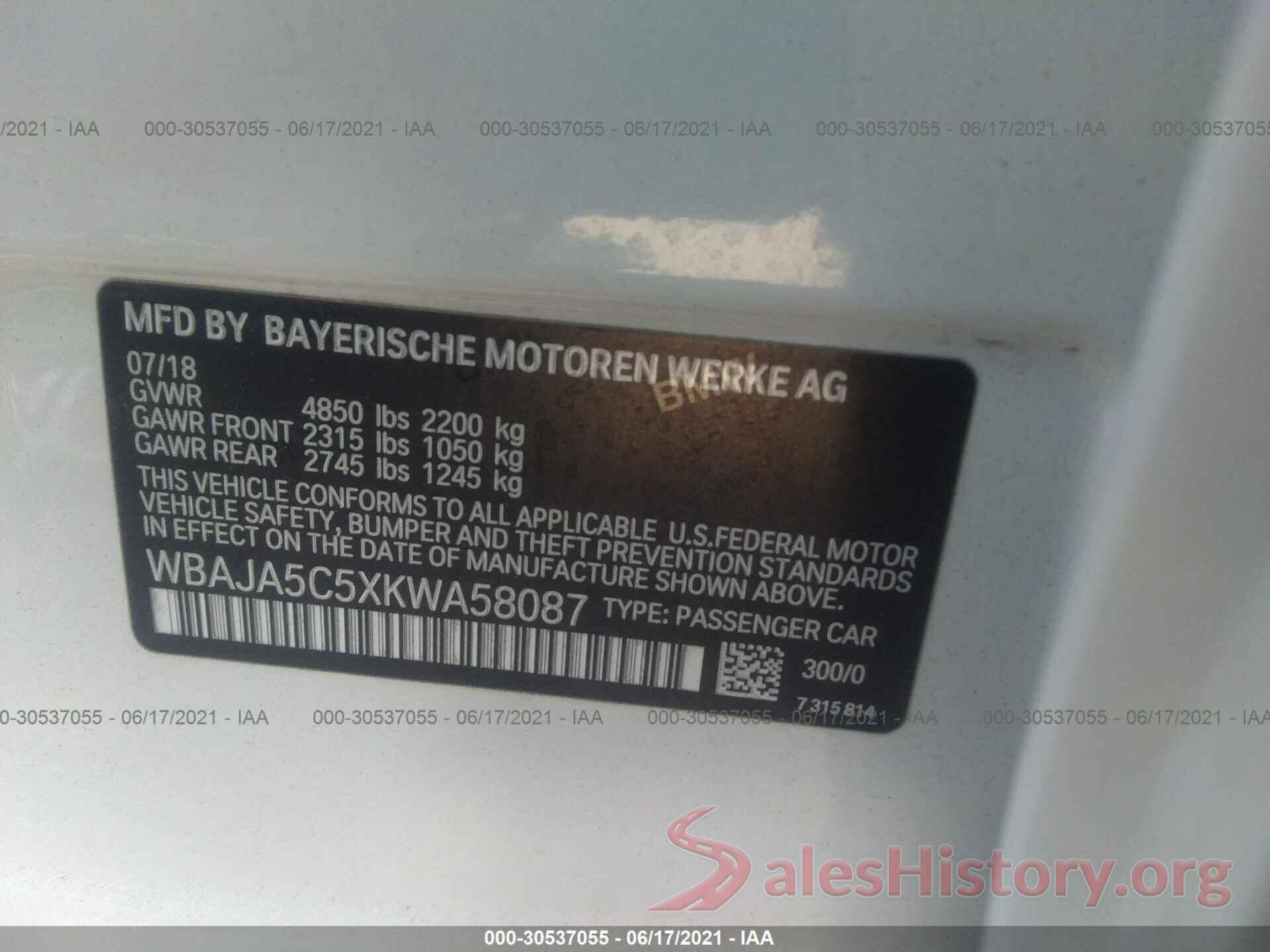 WBAJA5C5XKWA58087 2019 BMW 5 SERIES