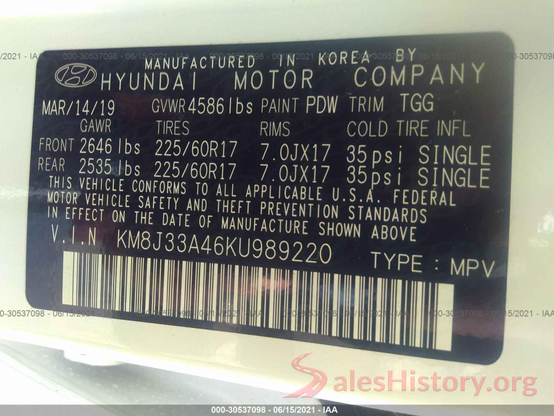 KM8J33A46KU989220 2019 HYUNDAI TUCSON