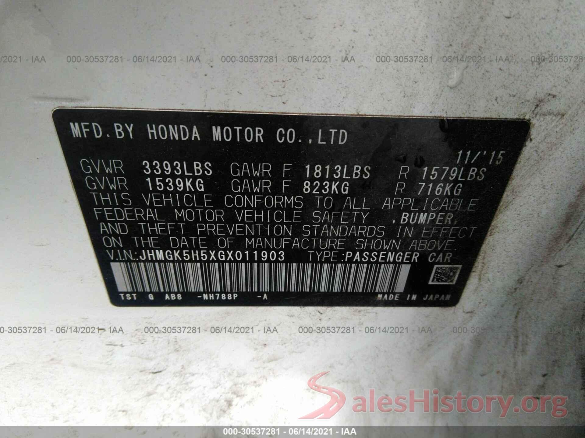 JHMGK5H5XGX011903 2016 HONDA FIT