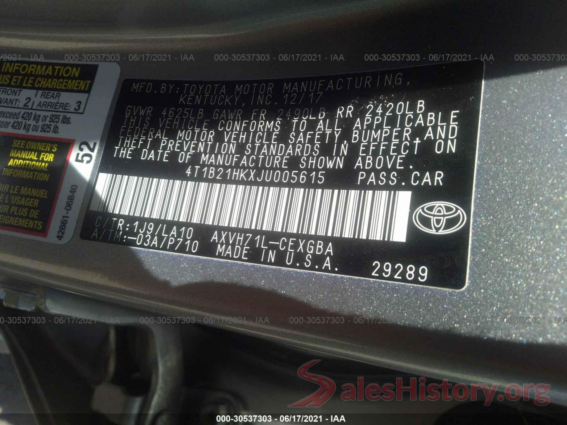 4T1B21HKXJU005615 2018 TOYOTA CAMRY