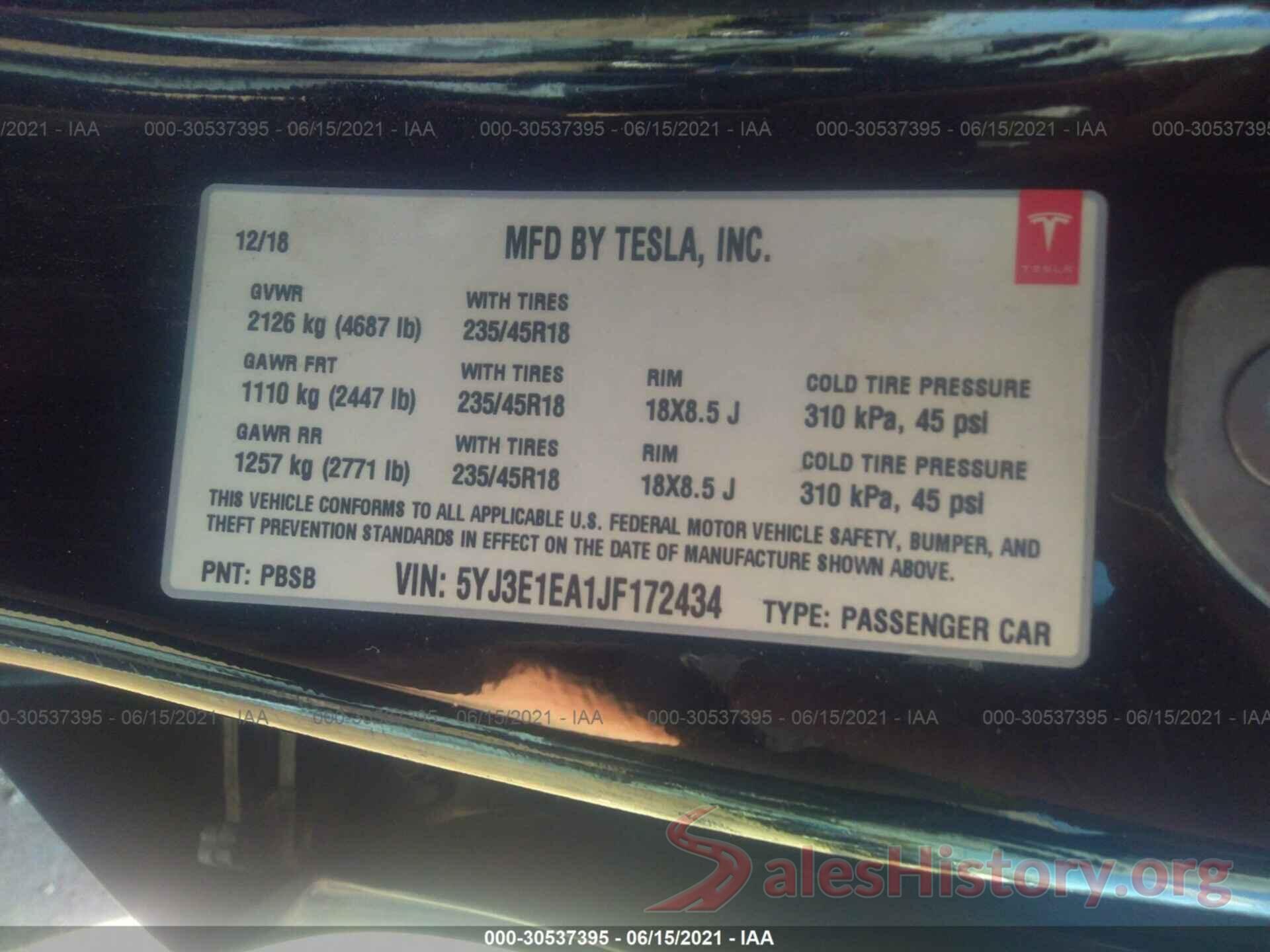 5YJ3E1EA1JF172434 2018 TESLA MODEL 3