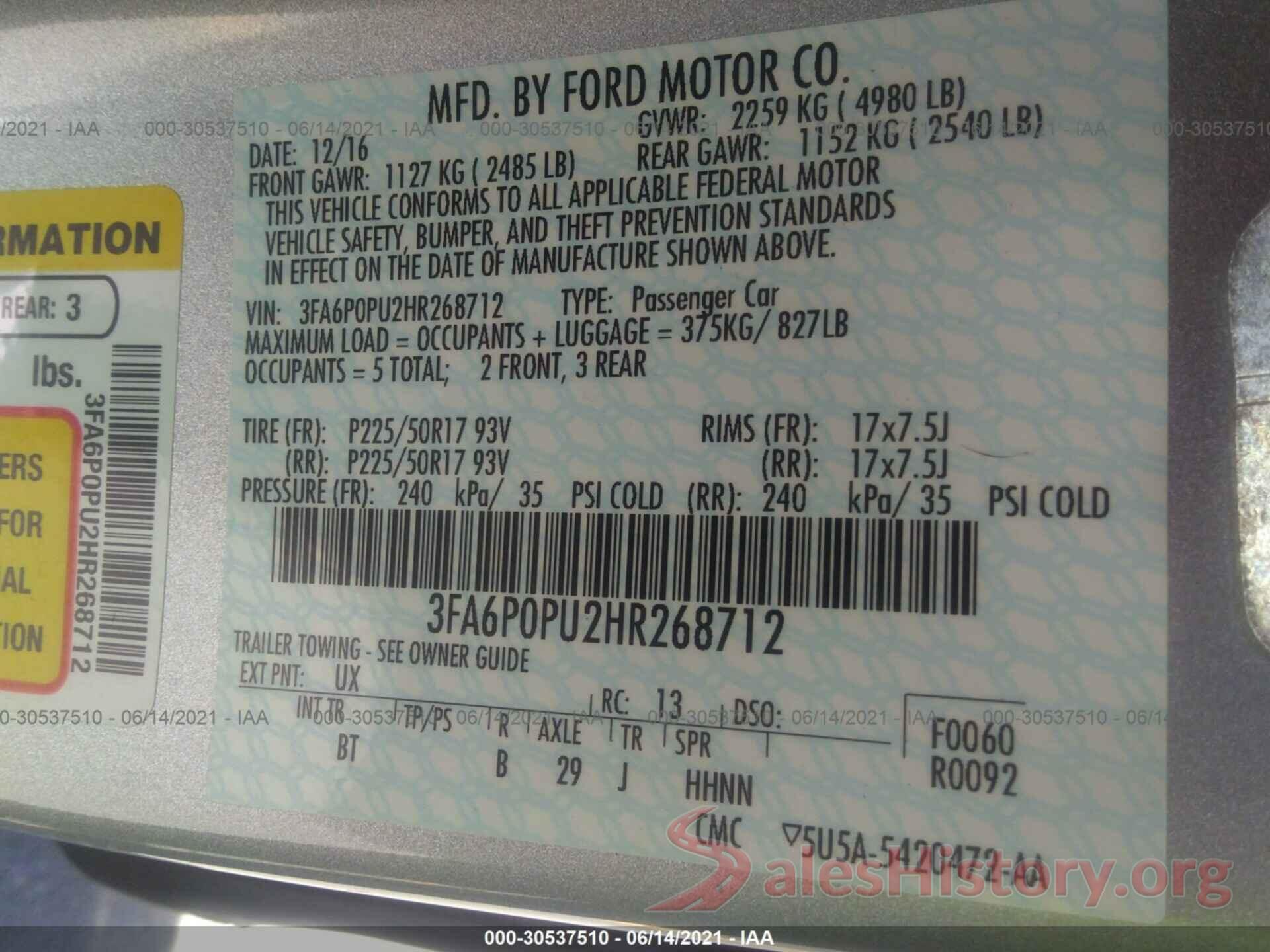 3FA6P0PU2HR268712 2017 FORD FUSION ENERGI