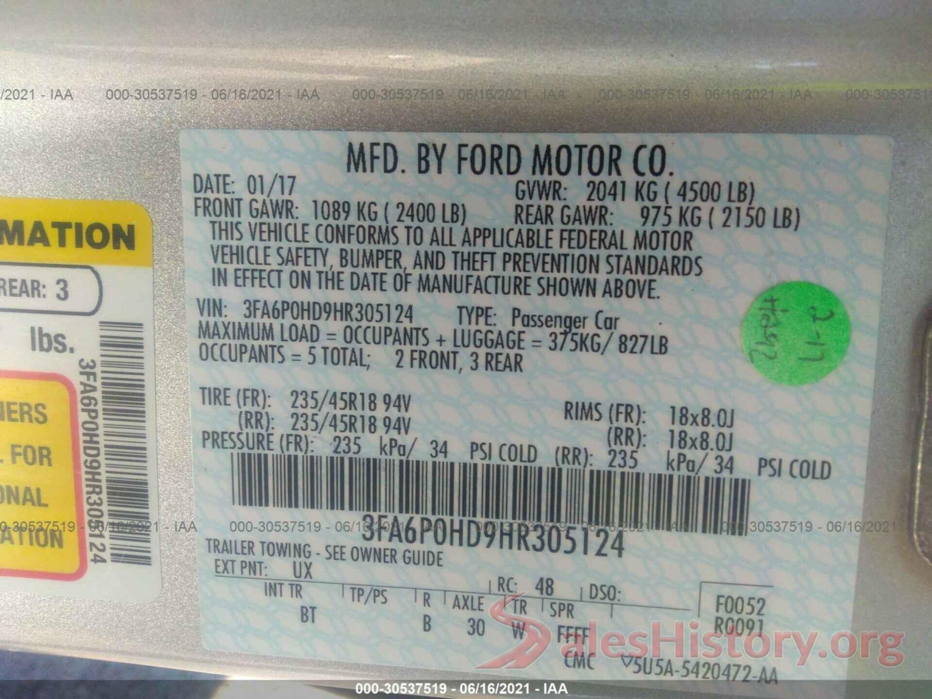 3FA6P0HD9HR305124 2017 FORD FUSION