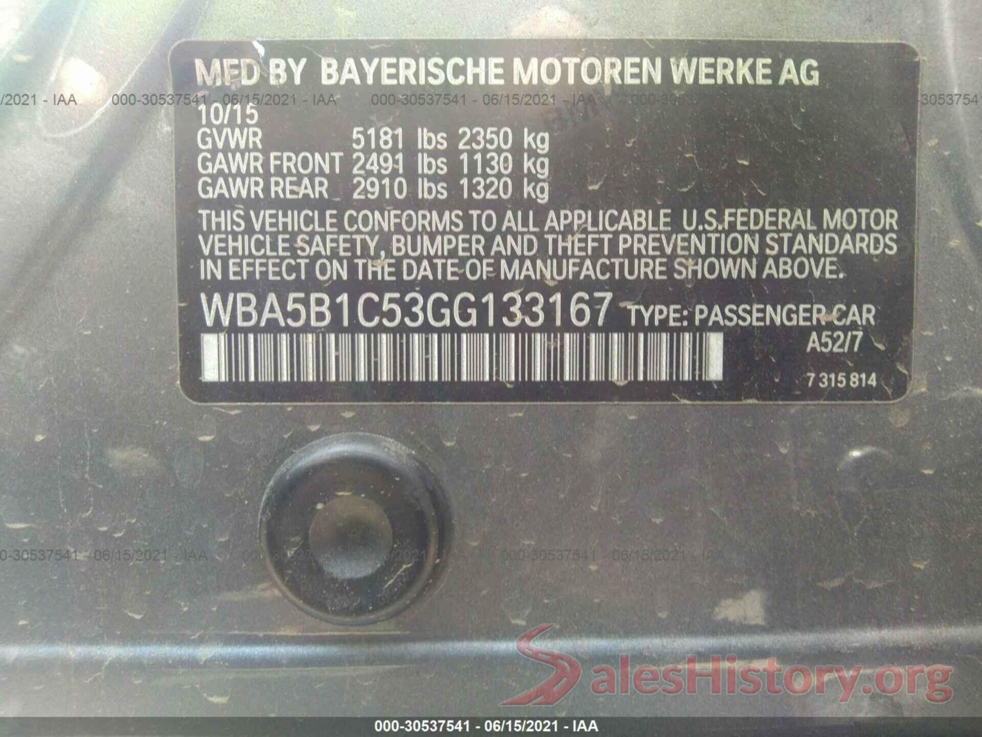 WBA5B1C53GG133167 2016 BMW 5 SERIES