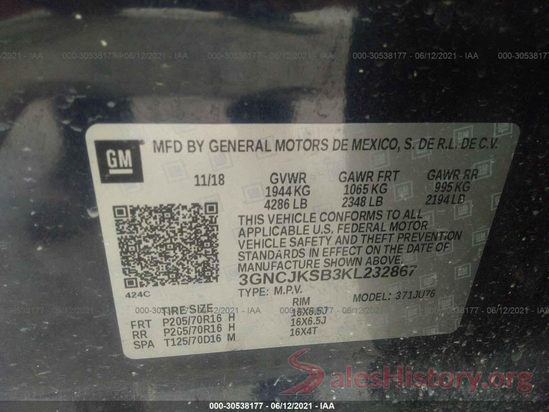 3GNCJKSB3KL232867 2019 CHEVROLET TRAX