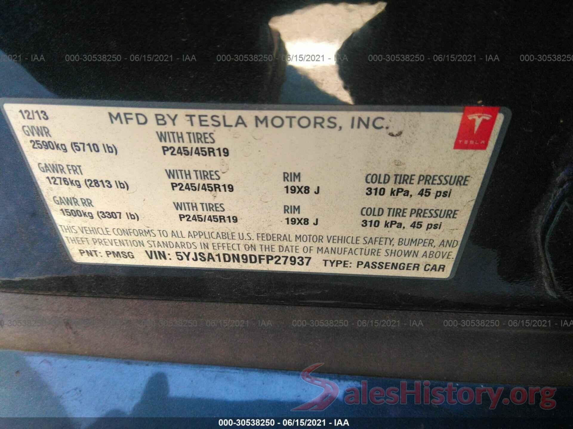 5YJSA1DN9DFP27937 2013 TESLA MODEL S