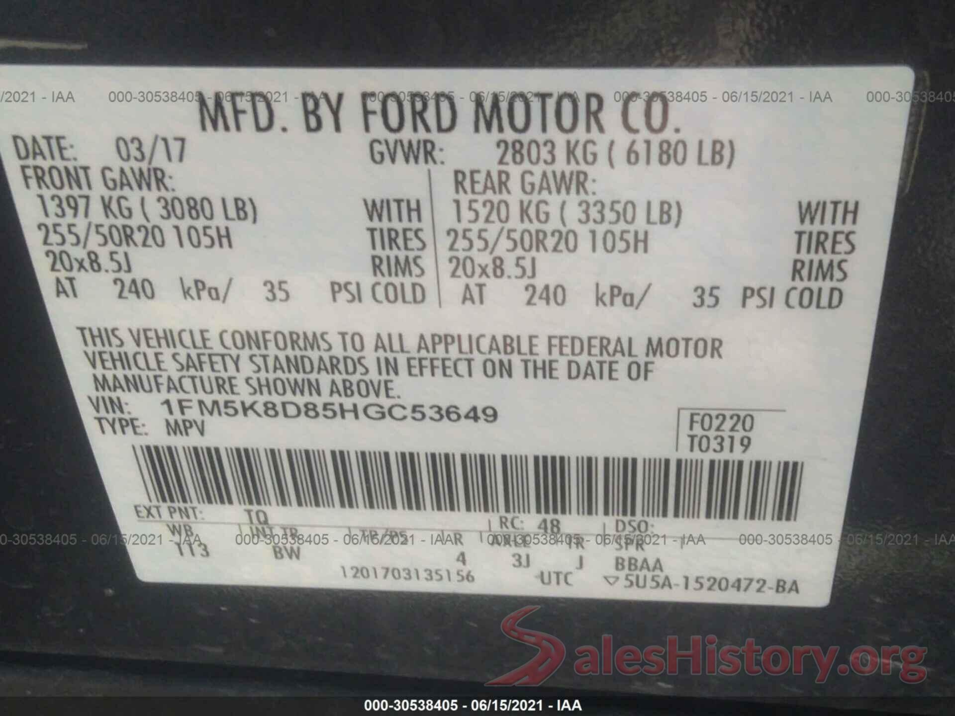 1FM5K8D85HGC53649 2017 FORD EXPLORER