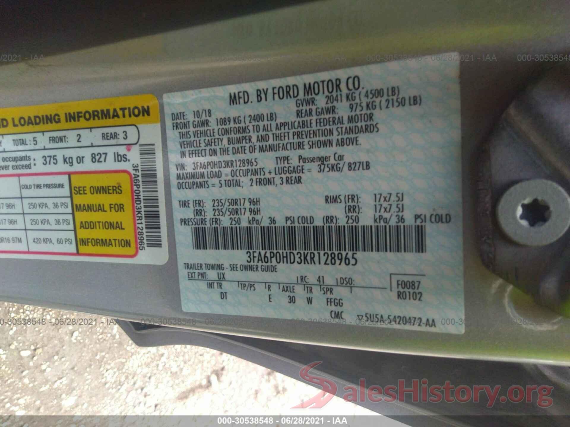 3FA6P0HD3KR128965 2019 FORD FUSION