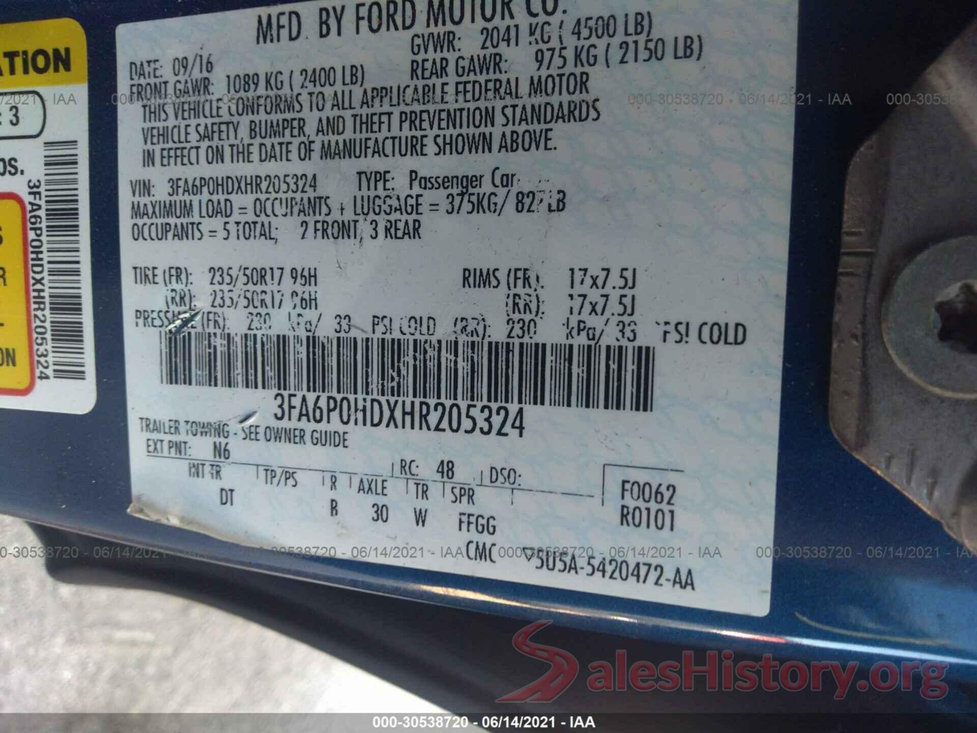 3FA6P0HDXHR205324 2017 FORD FUSION