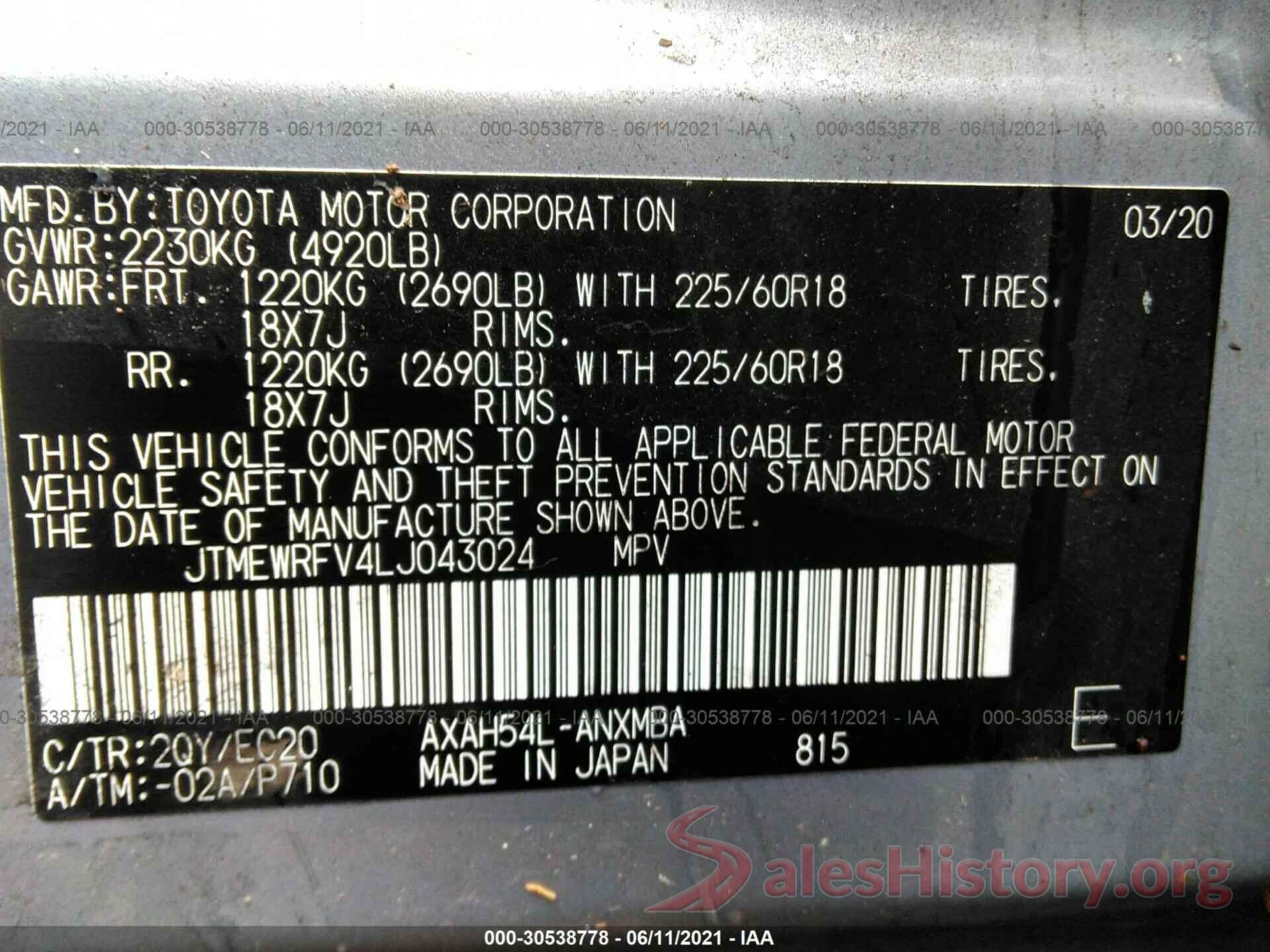 JTMEWRFV4LJ043024 2020 TOYOTA RAV4