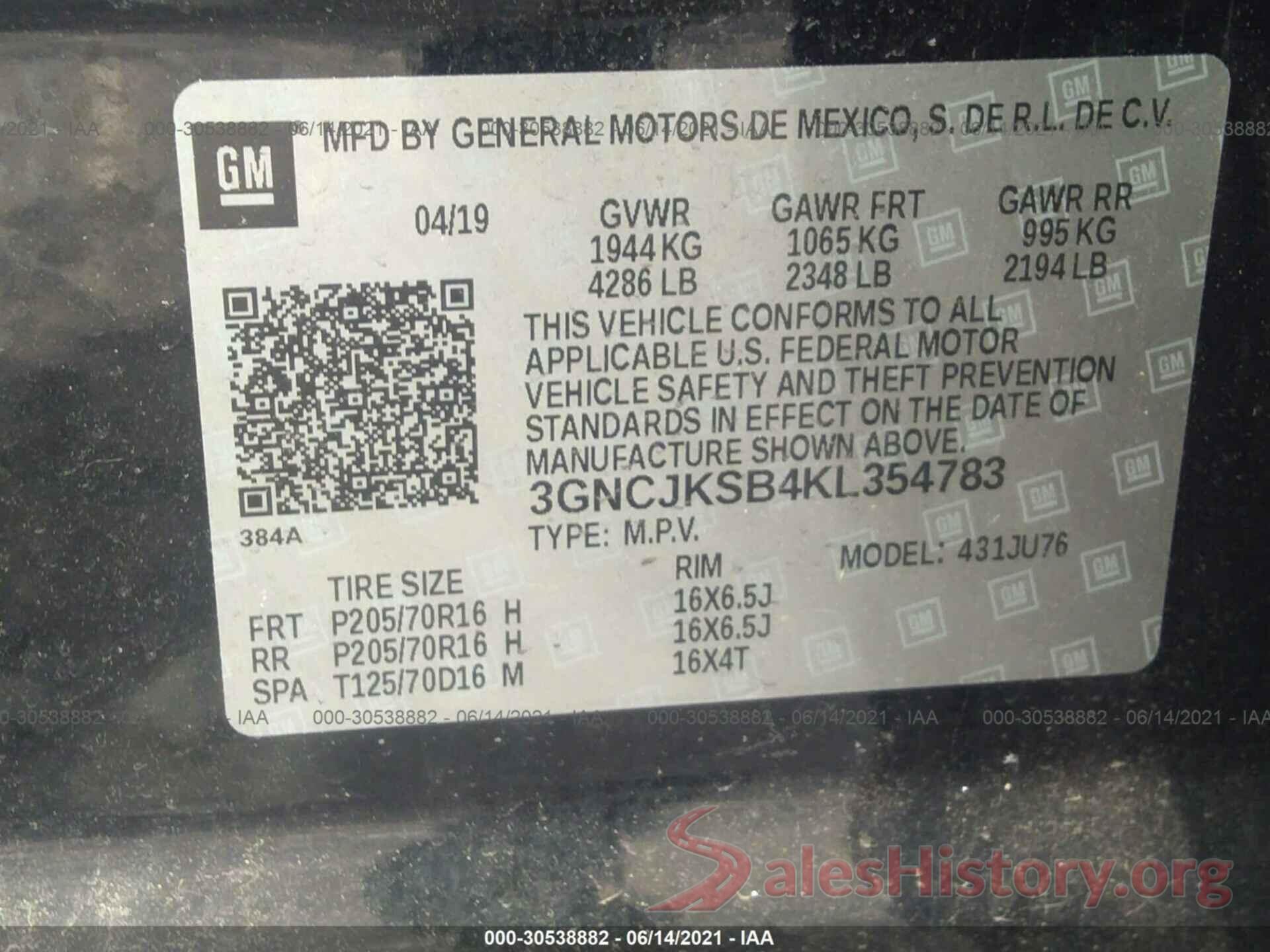 3GNCJKSB4KL354783 2019 CHEVROLET TRAX