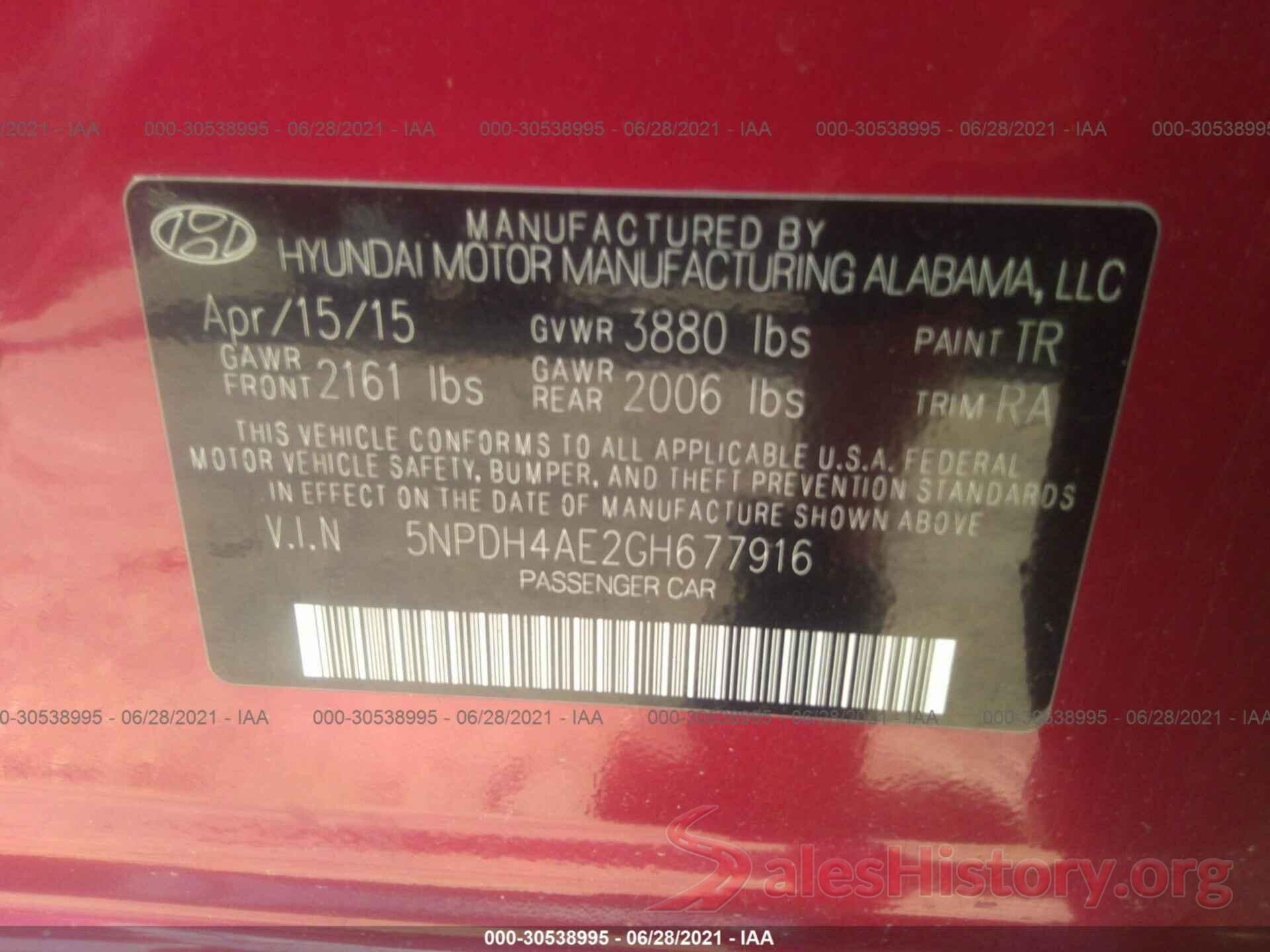 5NPDH4AE2GH677916 2016 HYUNDAI ELANTRA