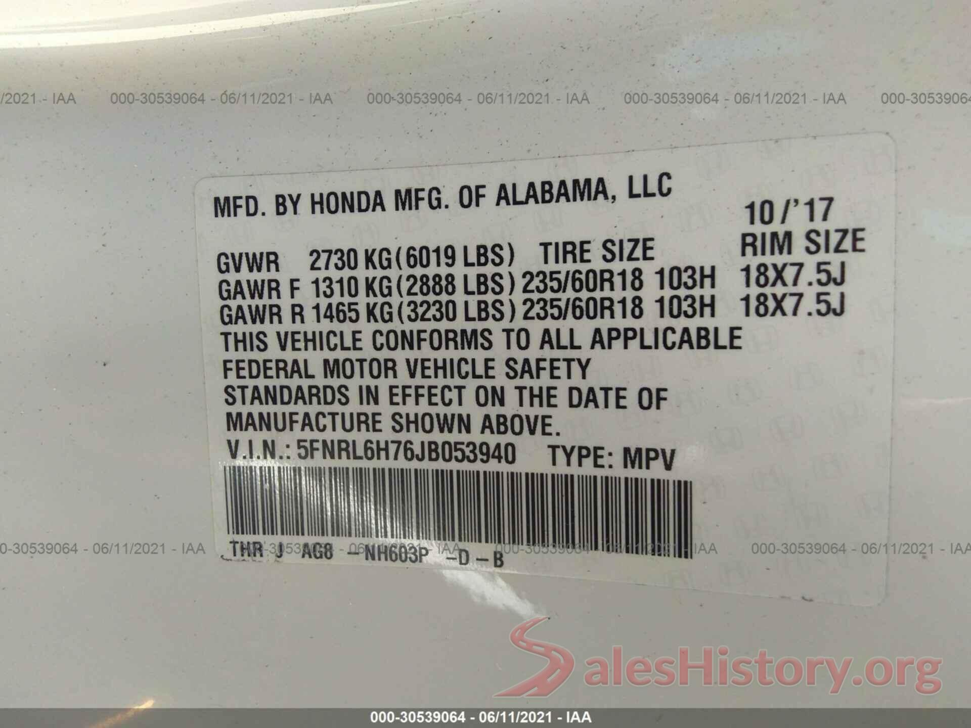 5FNRL6H76JB053940 2018 HONDA ODYSSEY