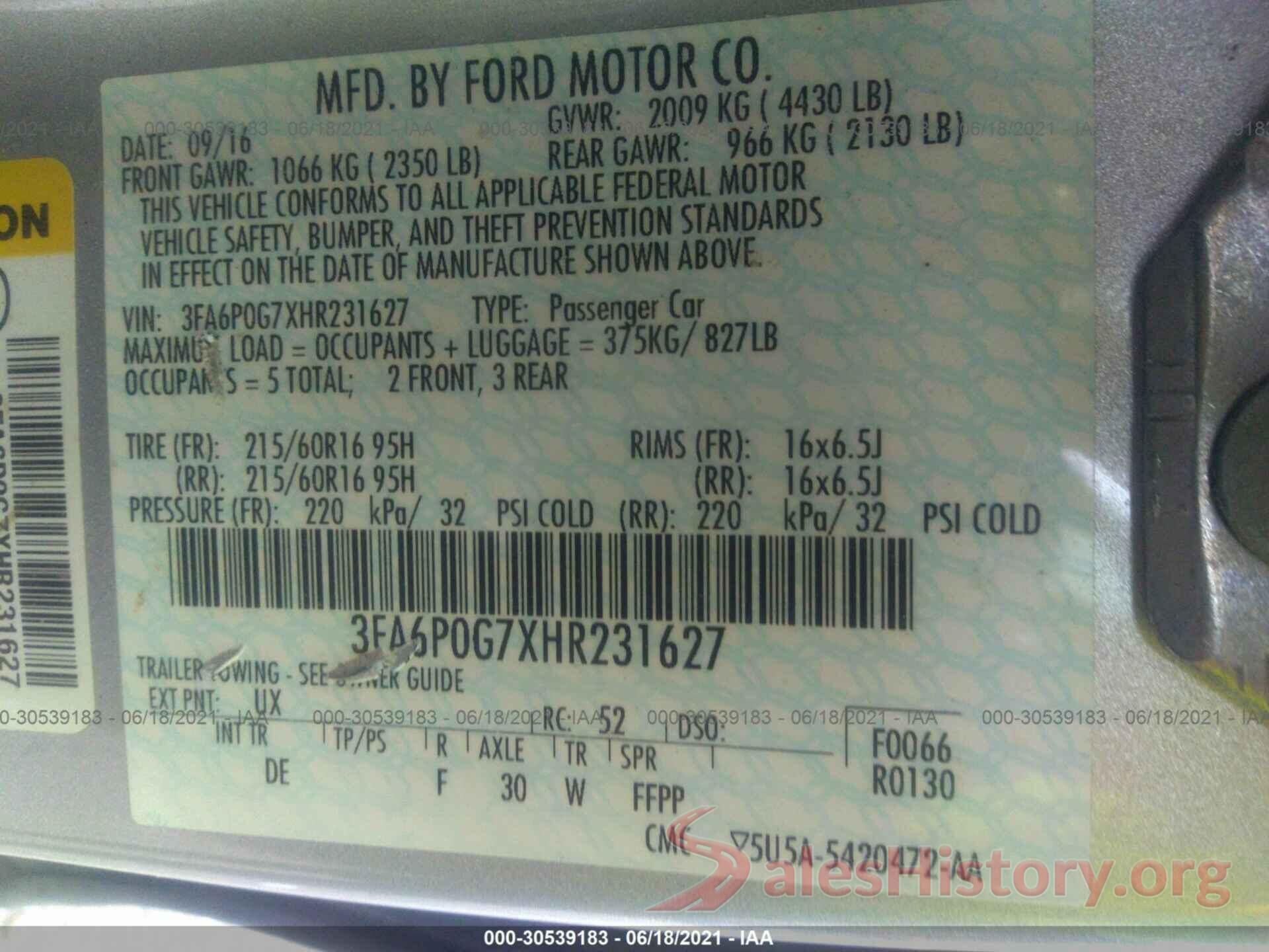 3FA6P0G7XHR231627 2017 FORD FUSION