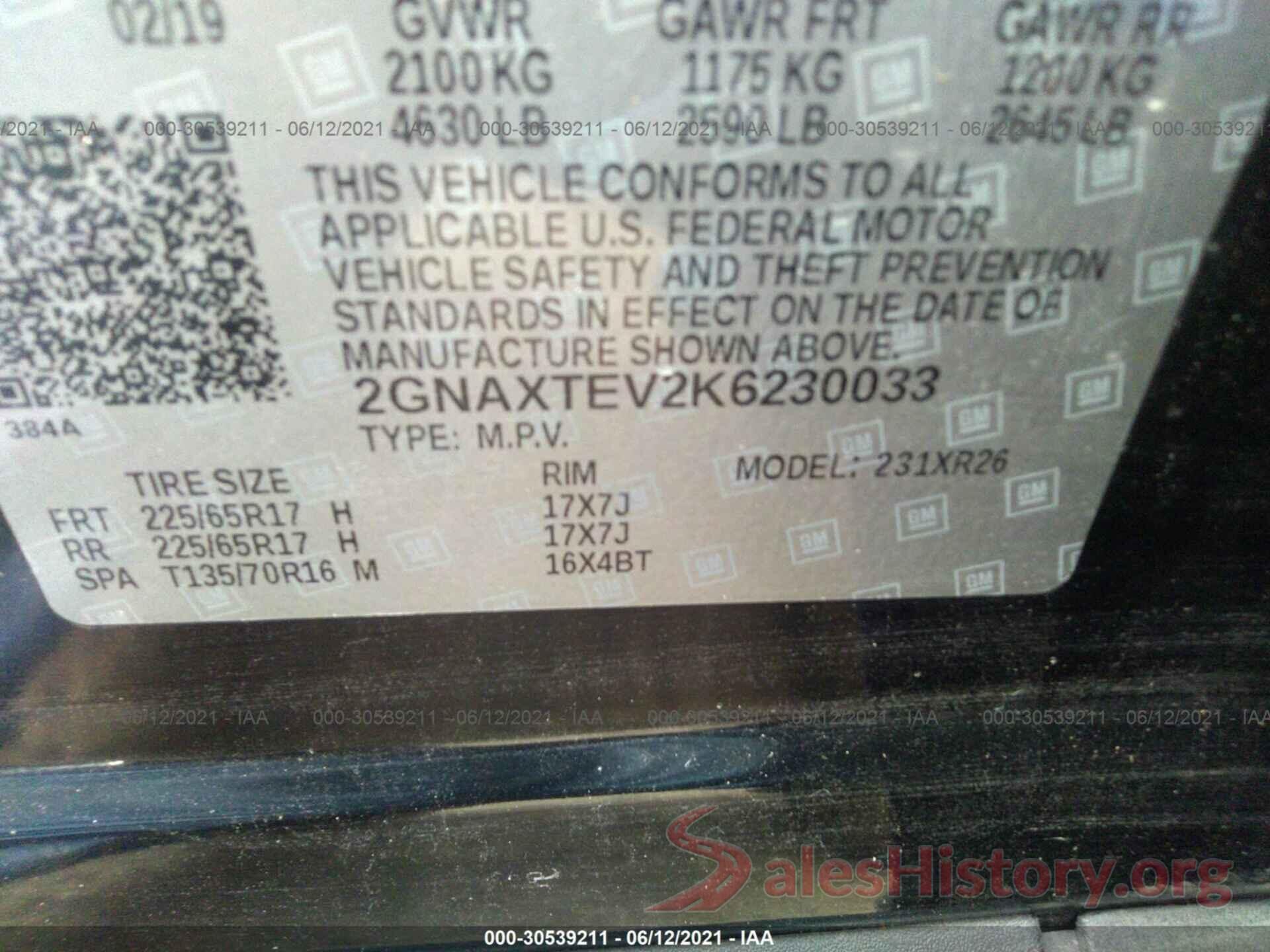 2GNAXTEV2K6230033 2019 CHEVROLET EQUINOX