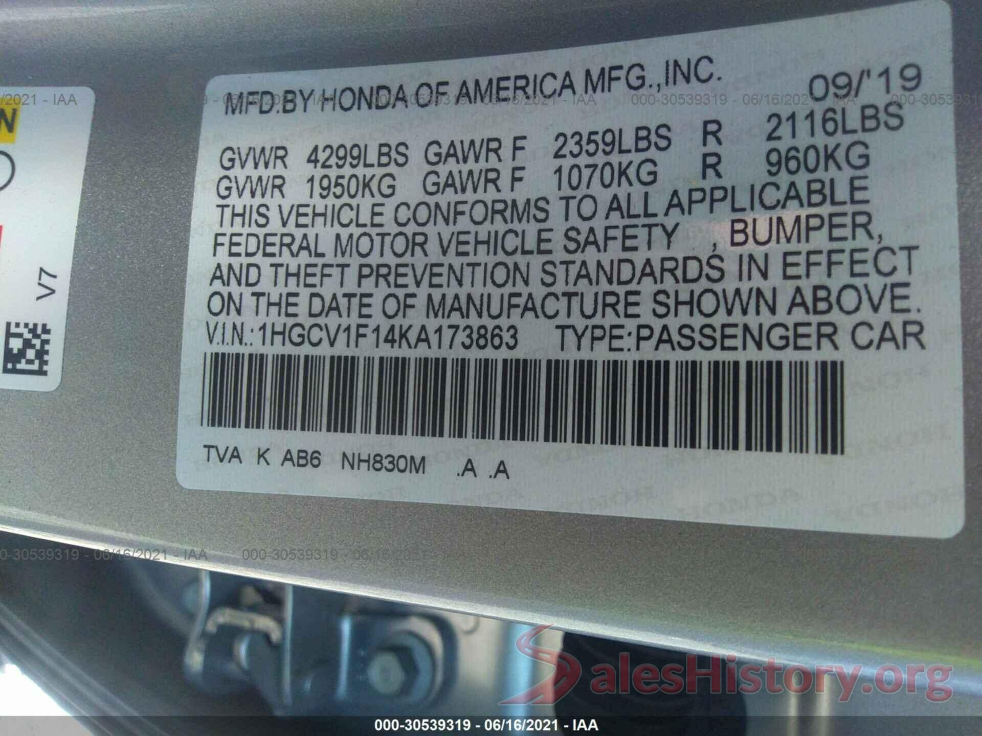 1HGCV1F14KA173863 2019 HONDA ACCORD SEDAN