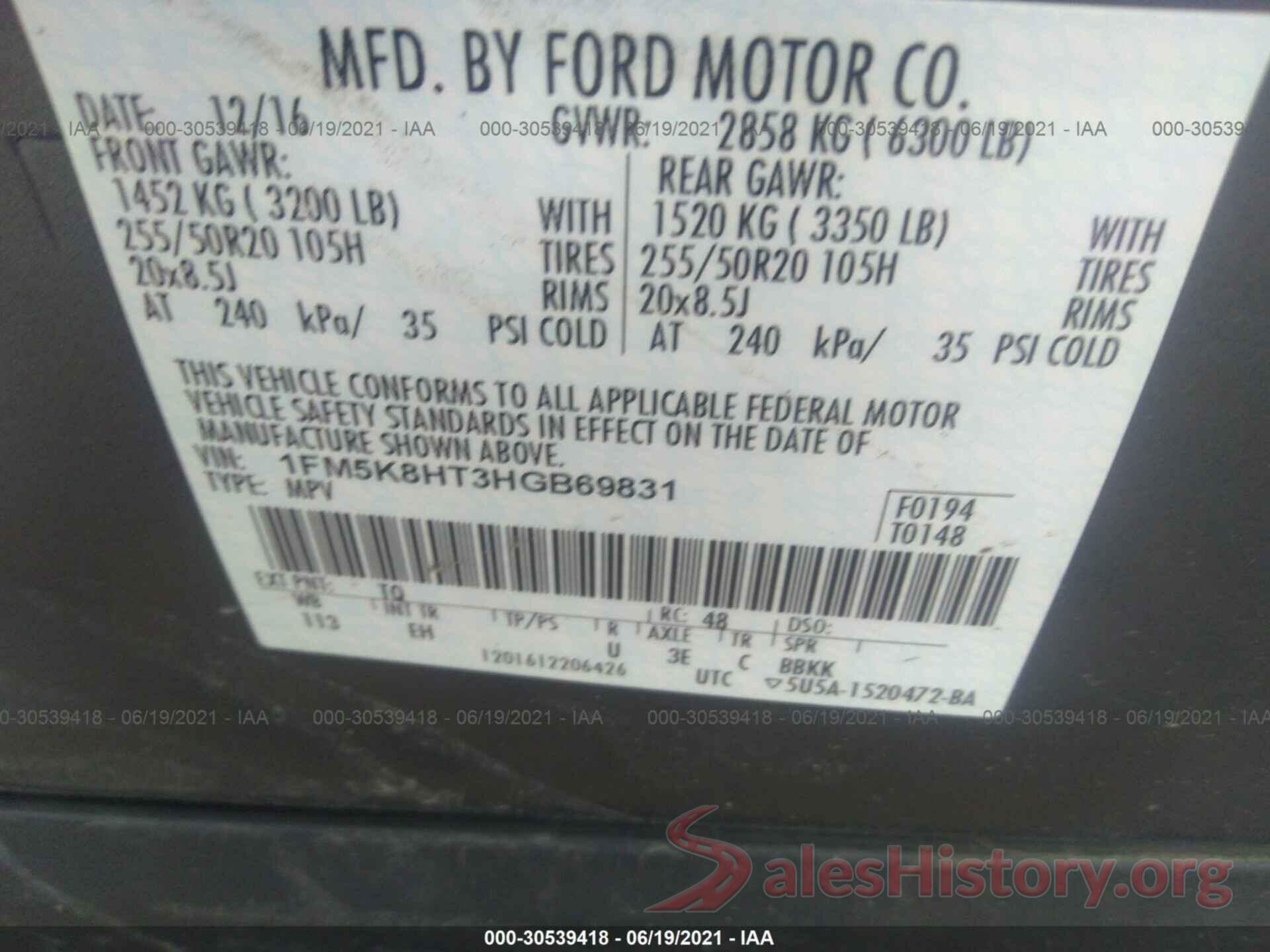 1FM5K8HT3HGB69831 2017 FORD EXPLORER