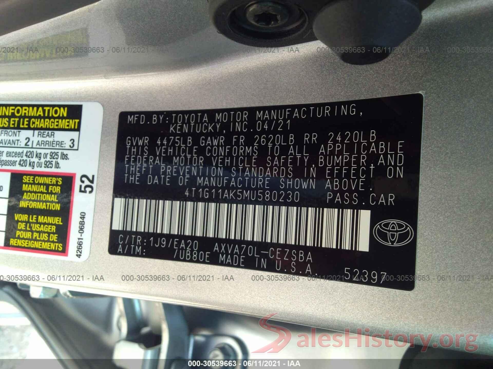 4T1G11AK5MU580230 2021 TOYOTA CAMRY