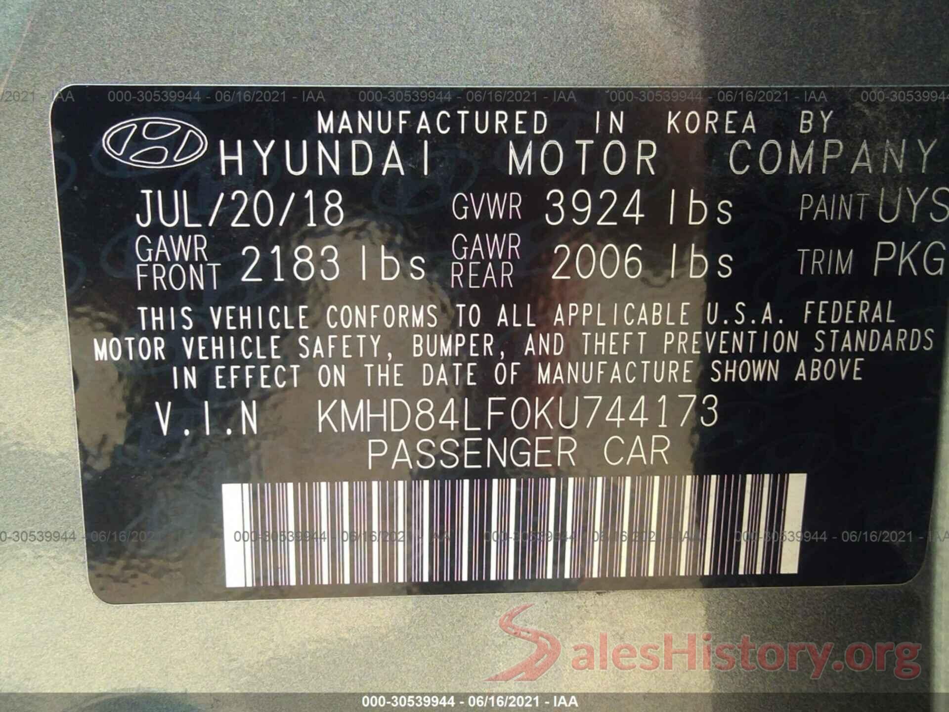 KMHD84LF0KU744173 2019 HYUNDAI ELANTRA