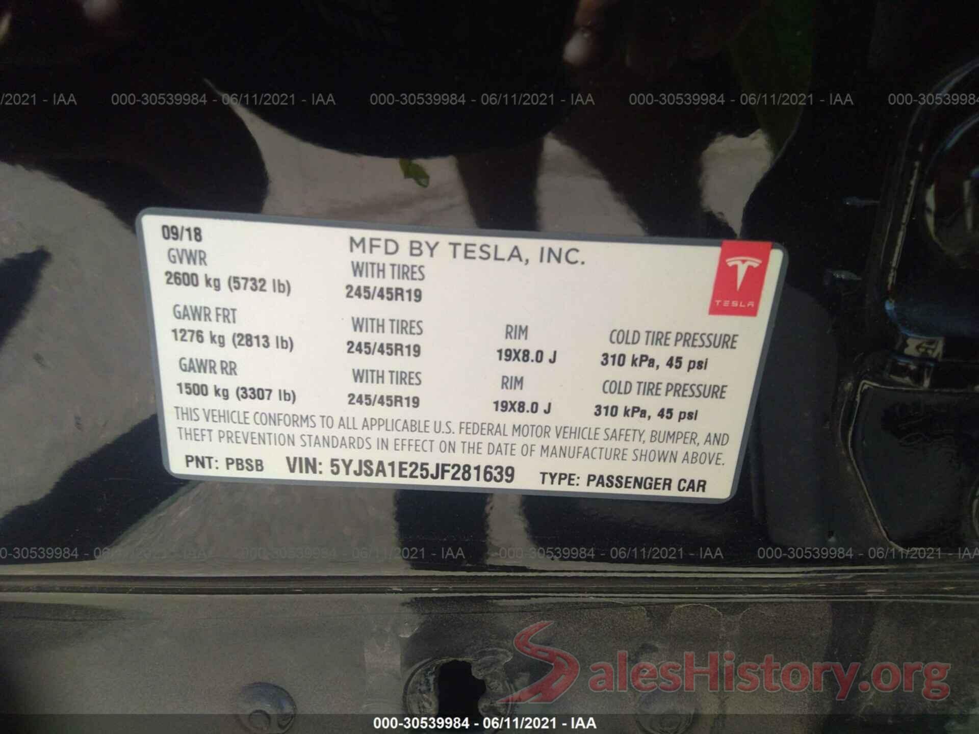 5YJSA1E25JF281639 2018 TESLA MODEL S