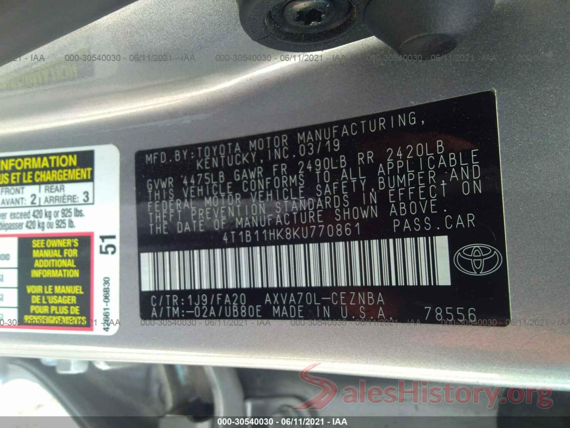 4T1B11HK8KU770861 2019 TOYOTA CAMRY