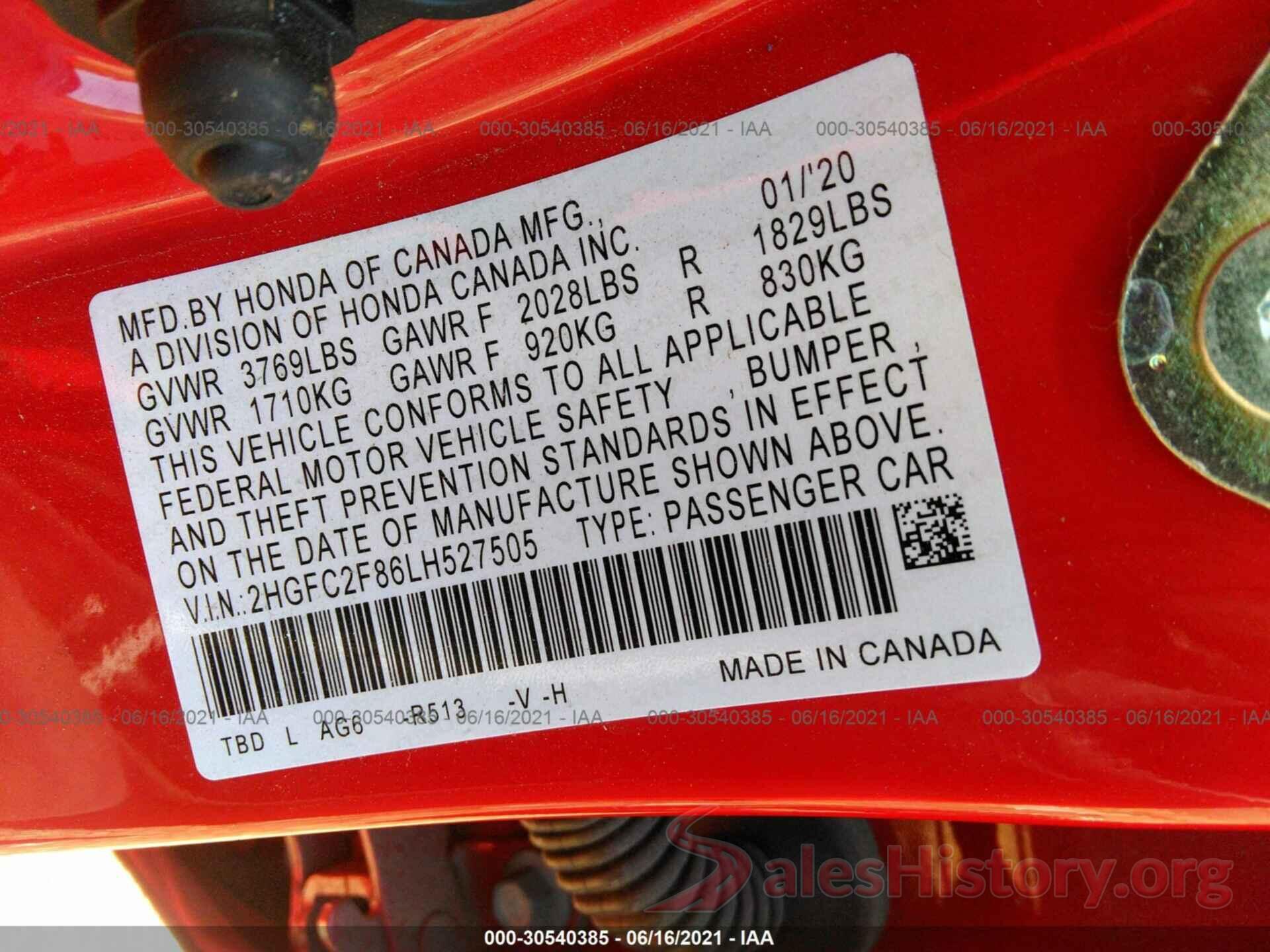 2HGFC2F86LH527505 2020 HONDA CIVIC SEDAN