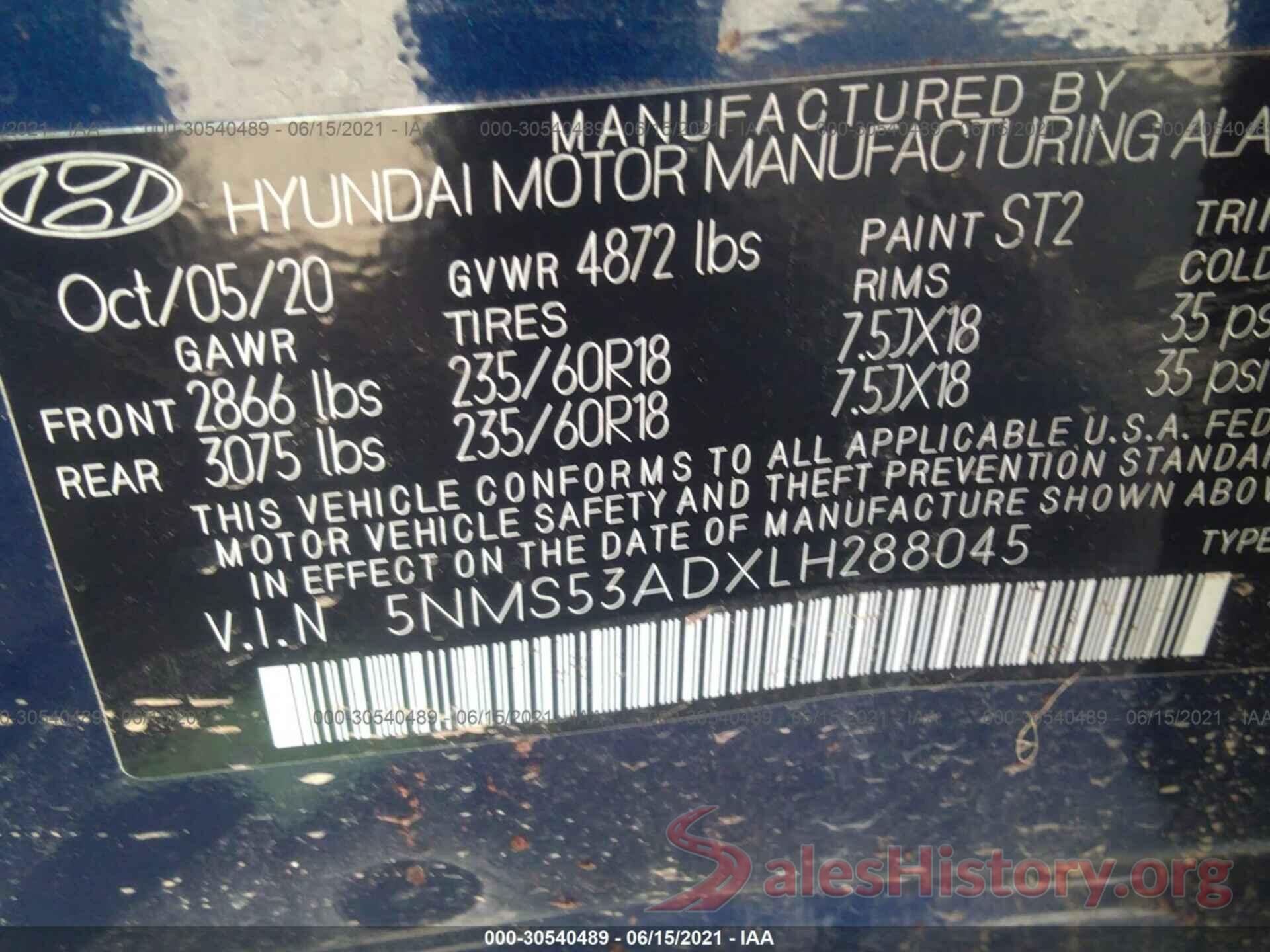 5NMS53ADXLH288045 2020 HYUNDAI SANTA FE