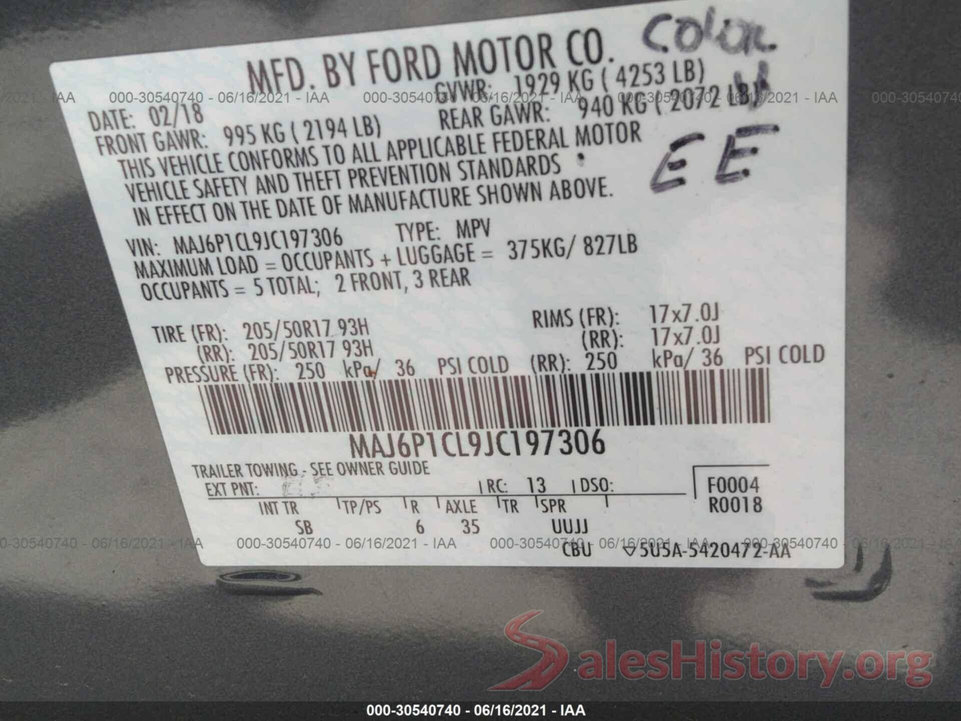 MAJ6P1CL9JC197306 2018 FORD ECOSPORT