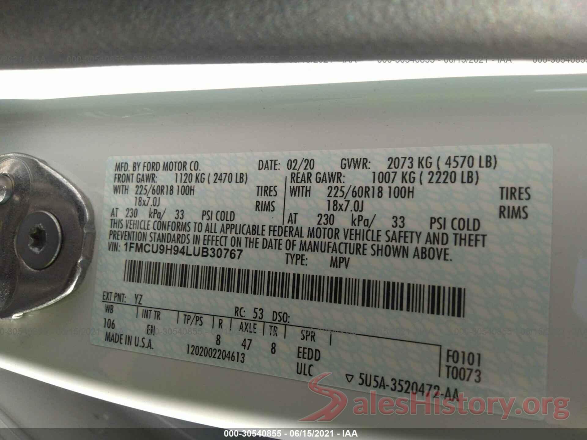 1FMCU9H94LUB30767 2020 FORD ESCAPE