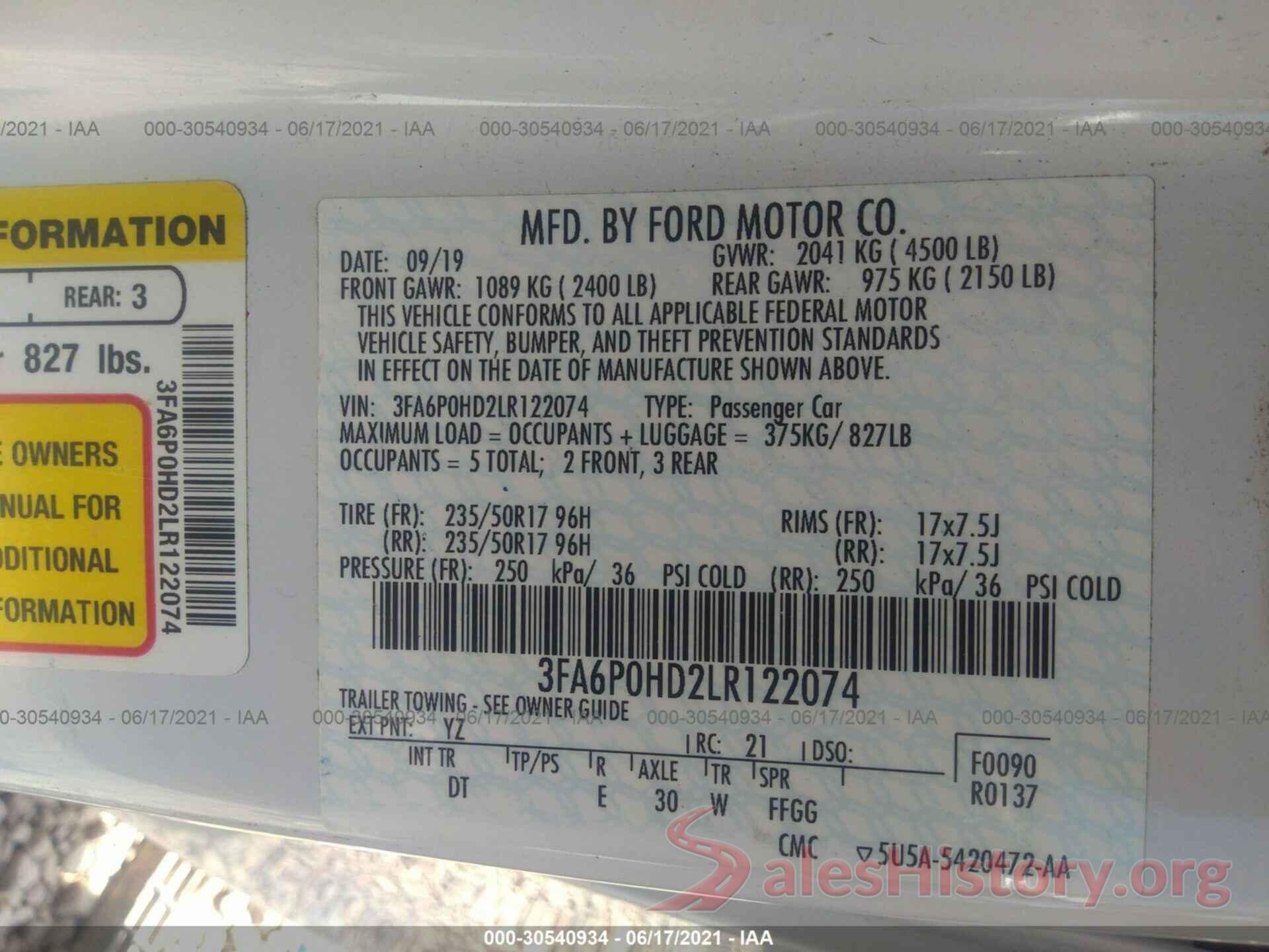 3FA6P0HD2LR122074 2020 FORD FUSION