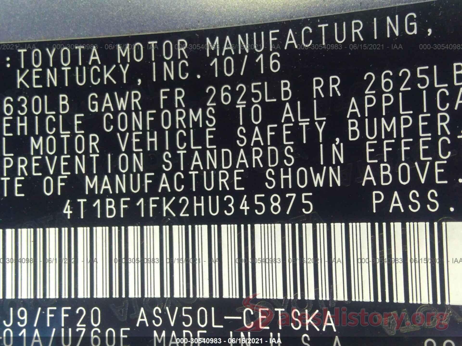 4T1BF1FK2HU345875 2017 TOYOTA CAMRY