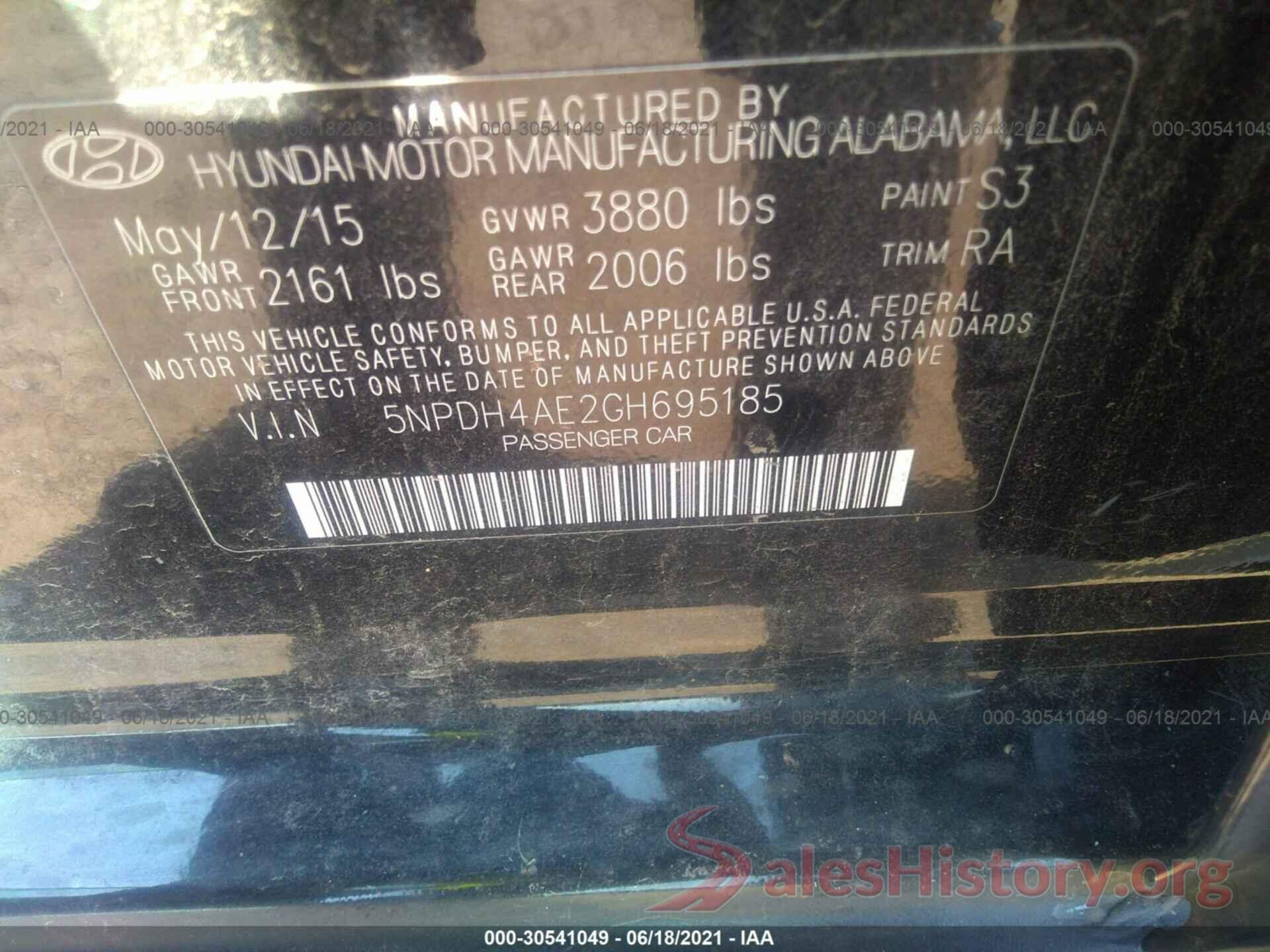 5NPDH4AE2GH695185 2016 HYUNDAI ELANTRA