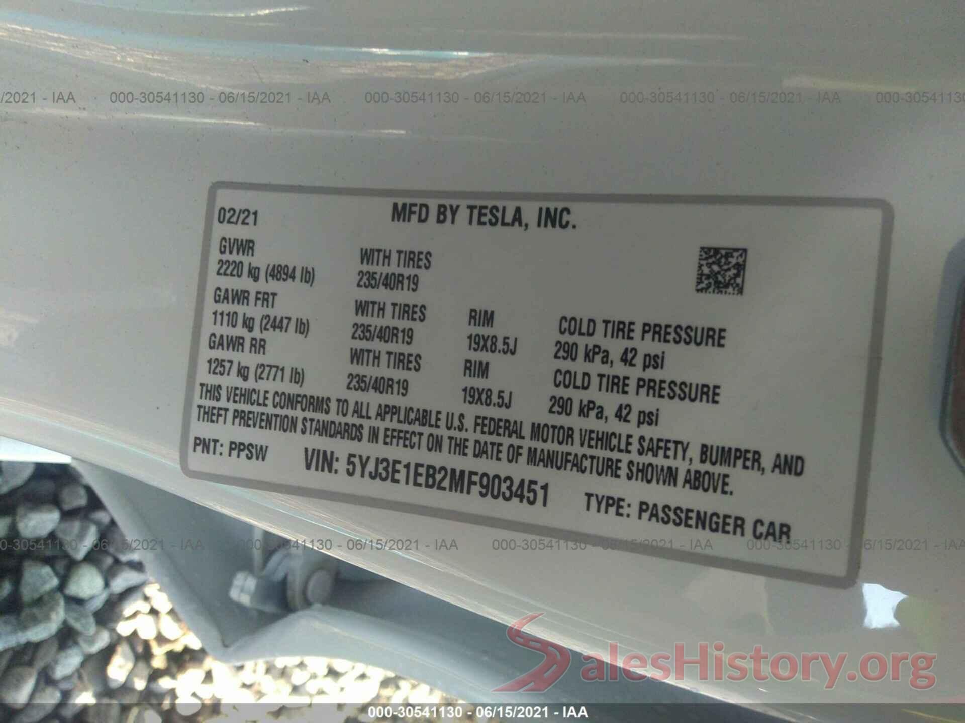 5YJ3E1EB2MF903451 2021 TESLA MODEL 3