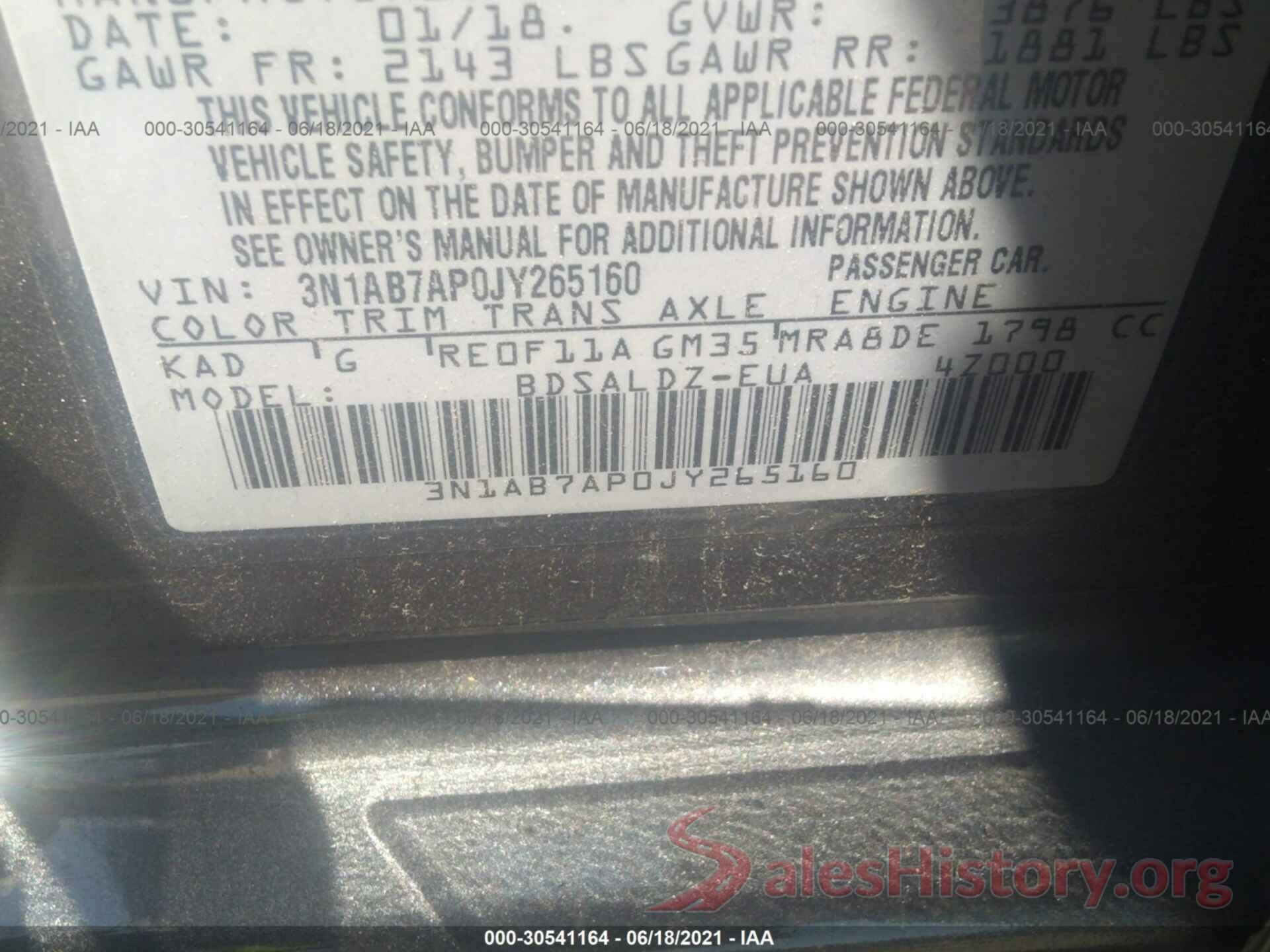 3N1AB7AP0JY265160 2018 NISSAN SENTRA