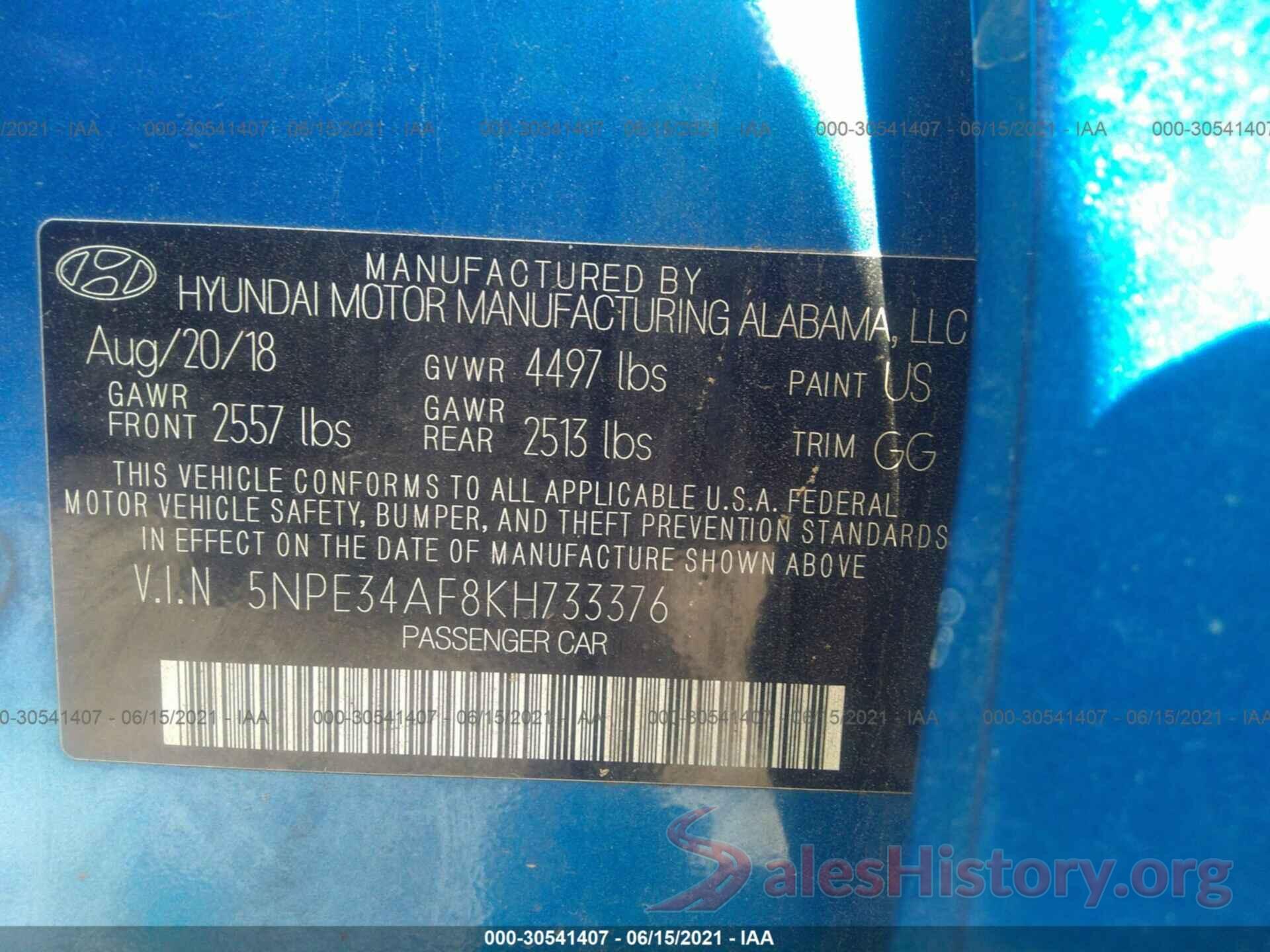 5NPE34AF8KH733376 2019 HYUNDAI SONATA