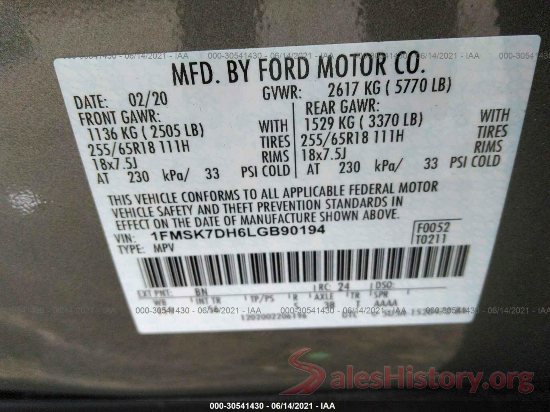 1FMSK7DH6LGB90194 2020 FORD EXPLORER