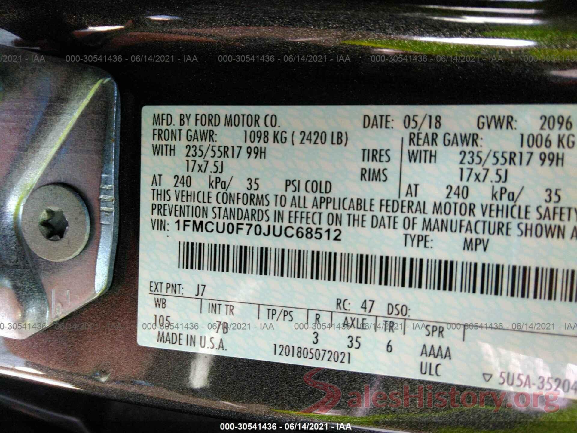 1FMCU0F70JUC68512 2018 FORD ESCAPE