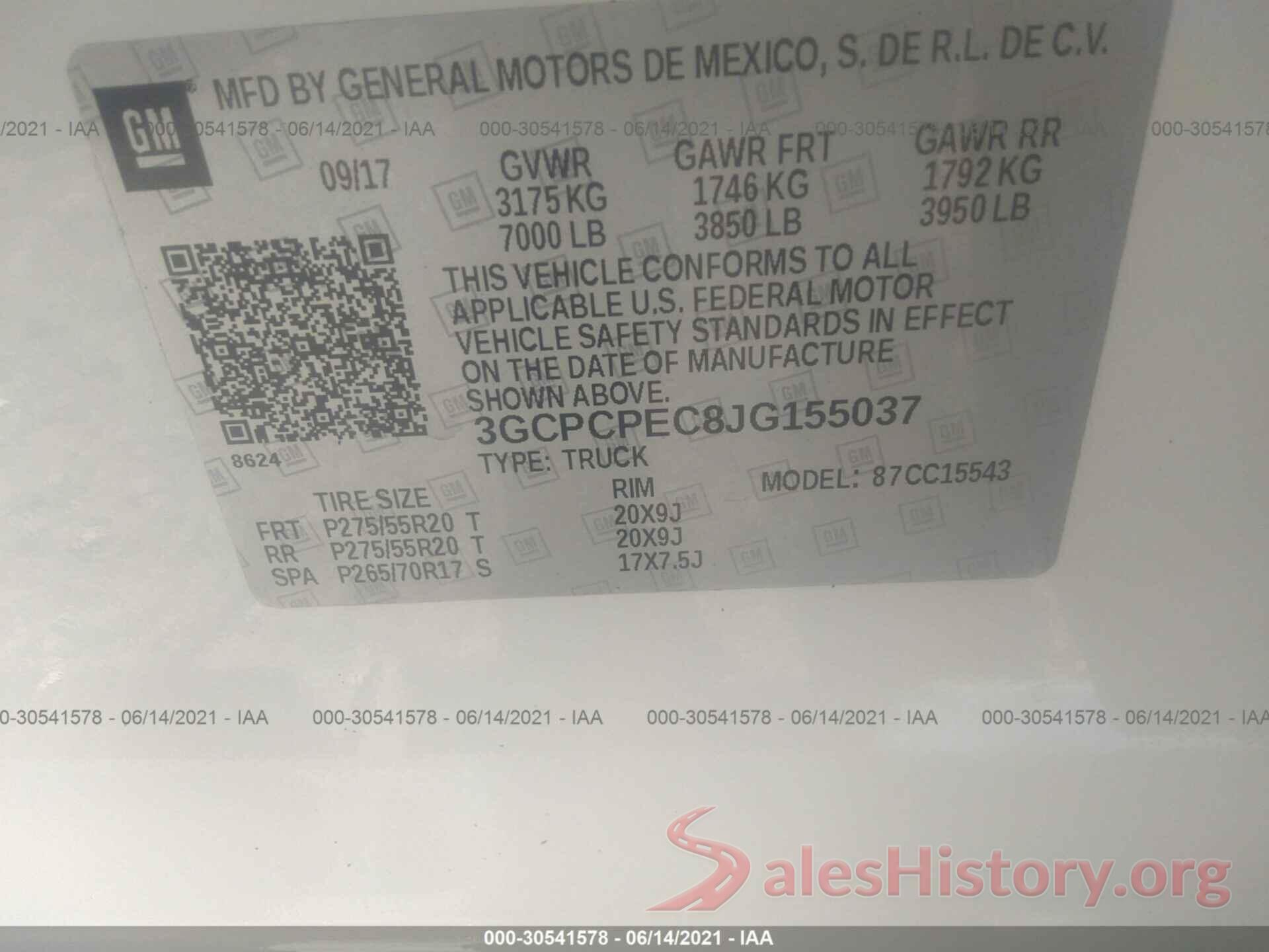 3GCPCPEC8JG155037 2018 CHEVROLET SILVERADO 1500