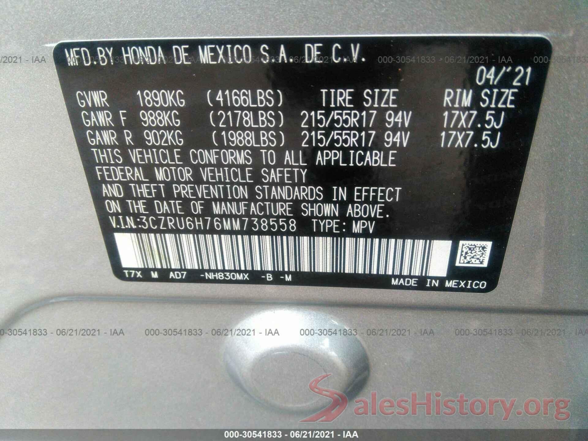 3CZRU6H76MM738558 2021 HONDA HR-V