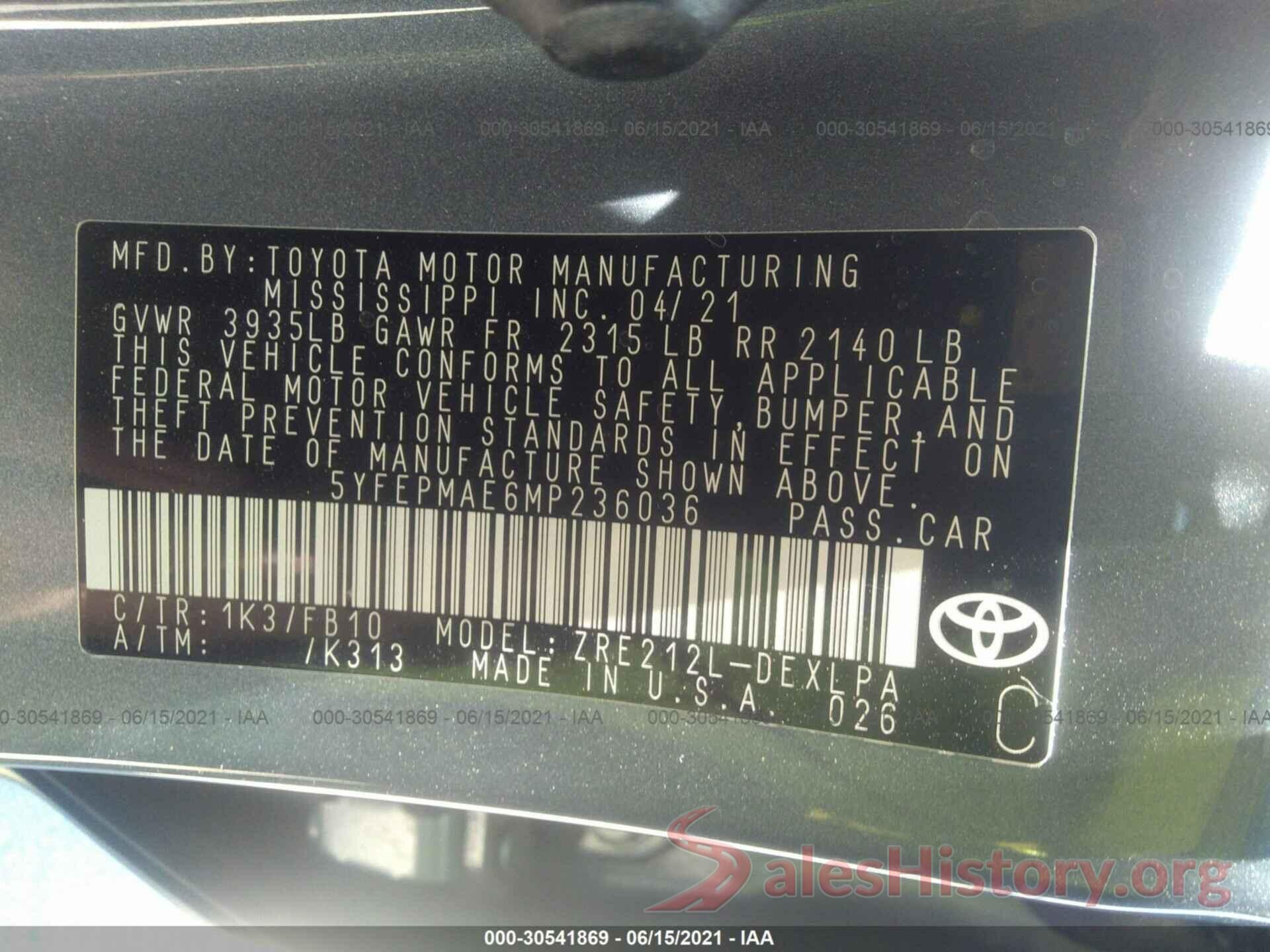 5YFEPMAE6MP236036 2021 TOYOTA COROLLA