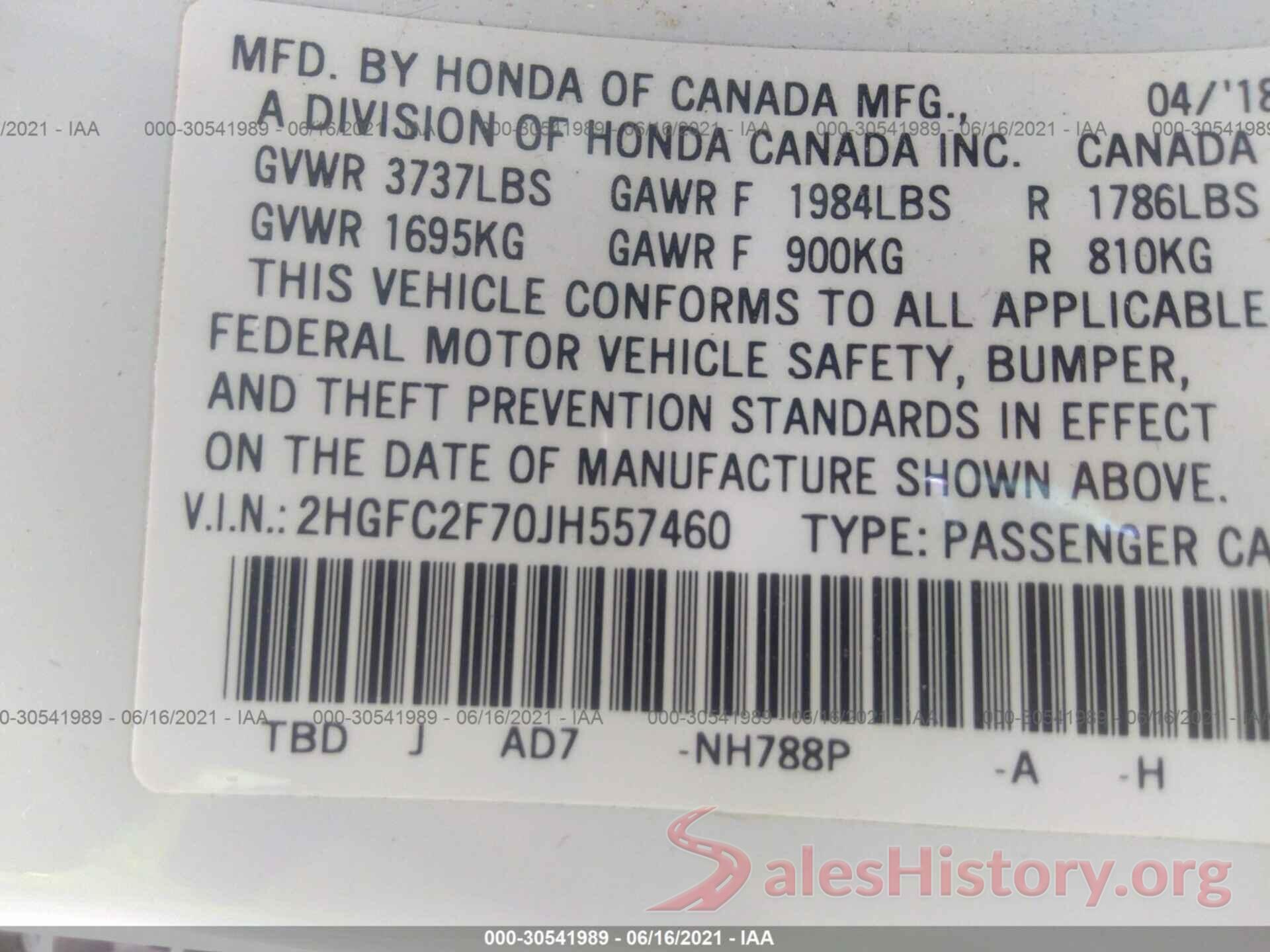 2HGFC2F70JH557460 2018 HONDA CIVIC SEDAN