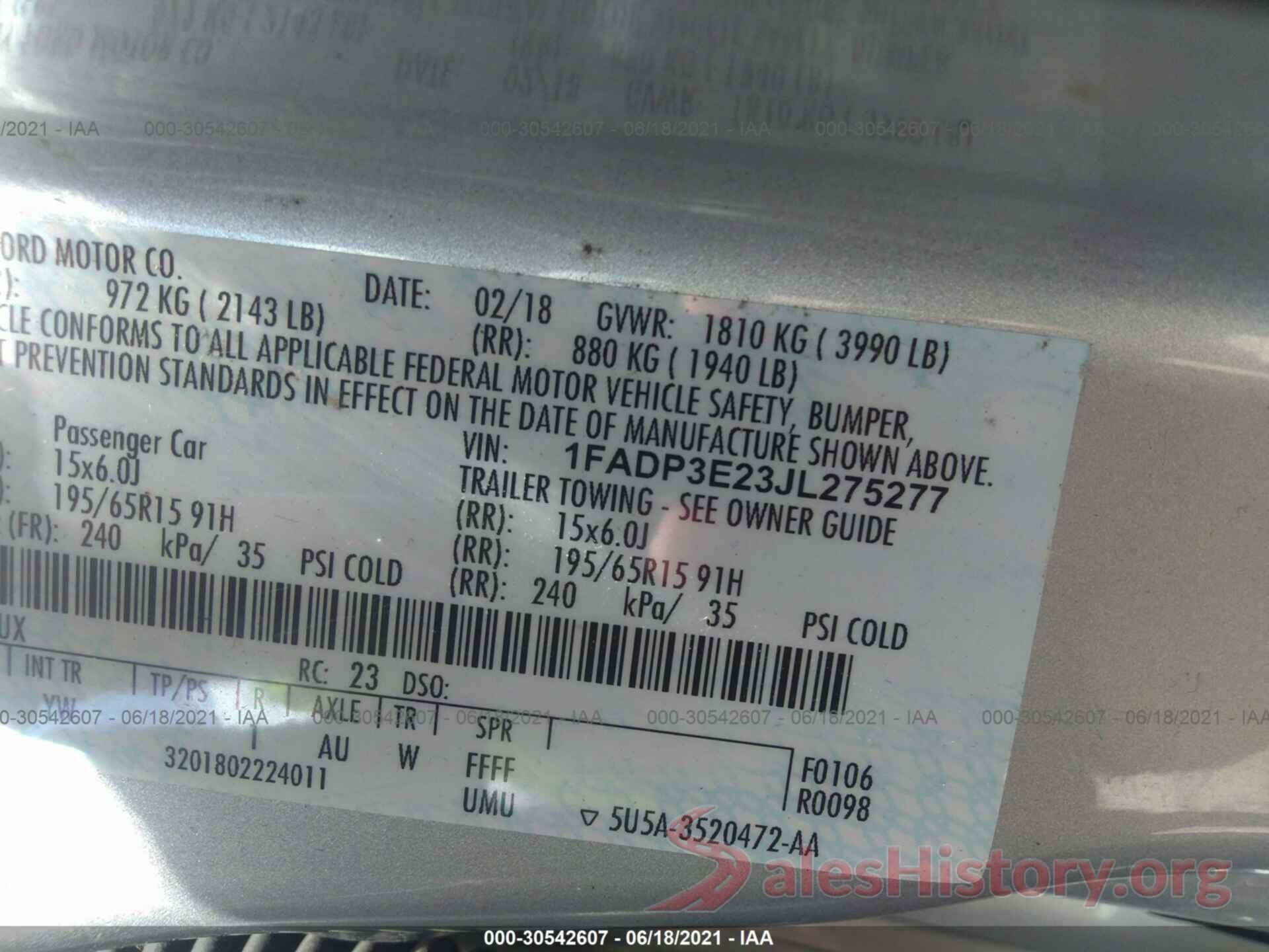 1FADP3E23JL275277 2018 FORD FOCUS