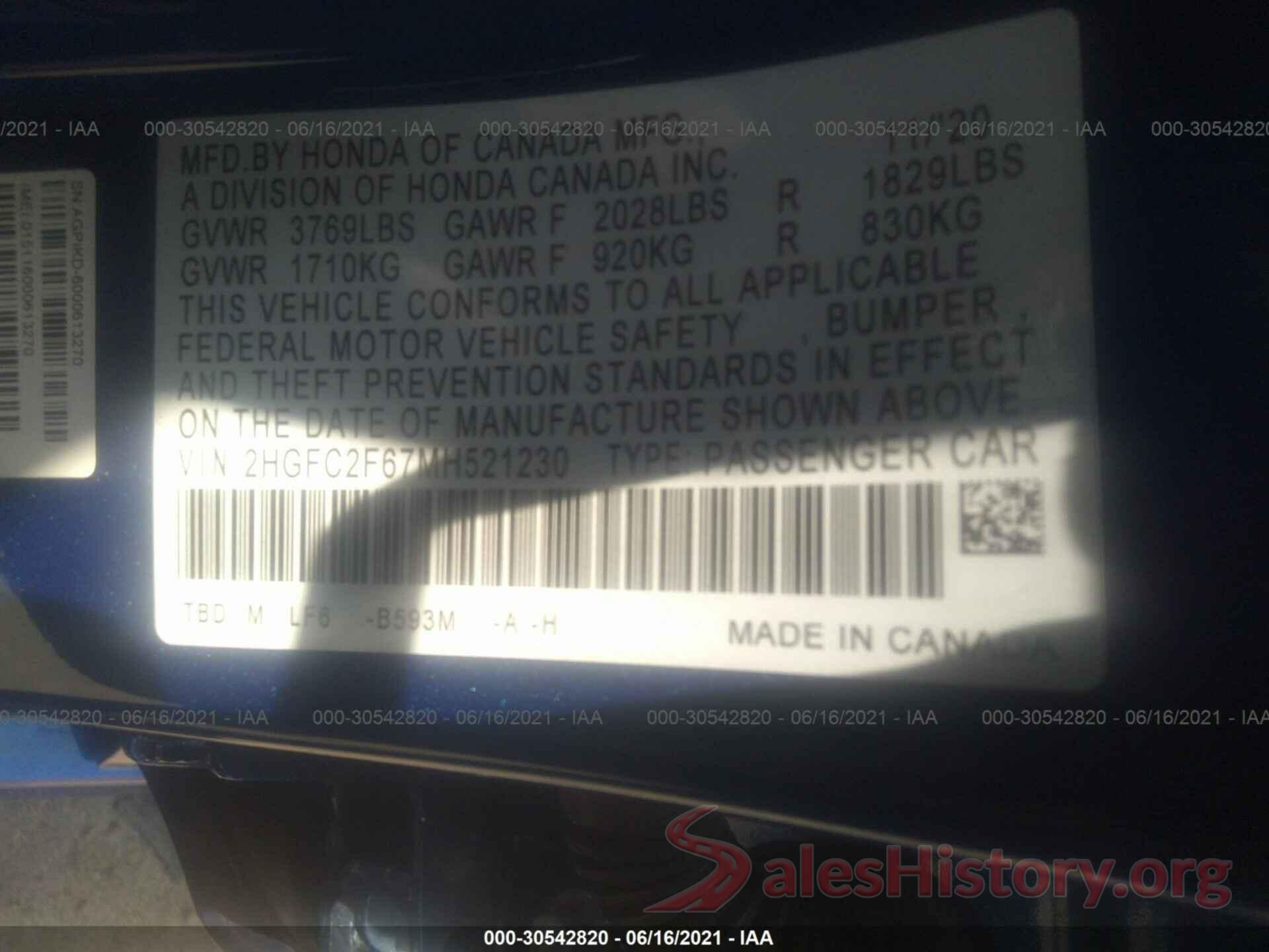 2HGFC2F67MH521230 2021 HONDA CIVIC SEDAN