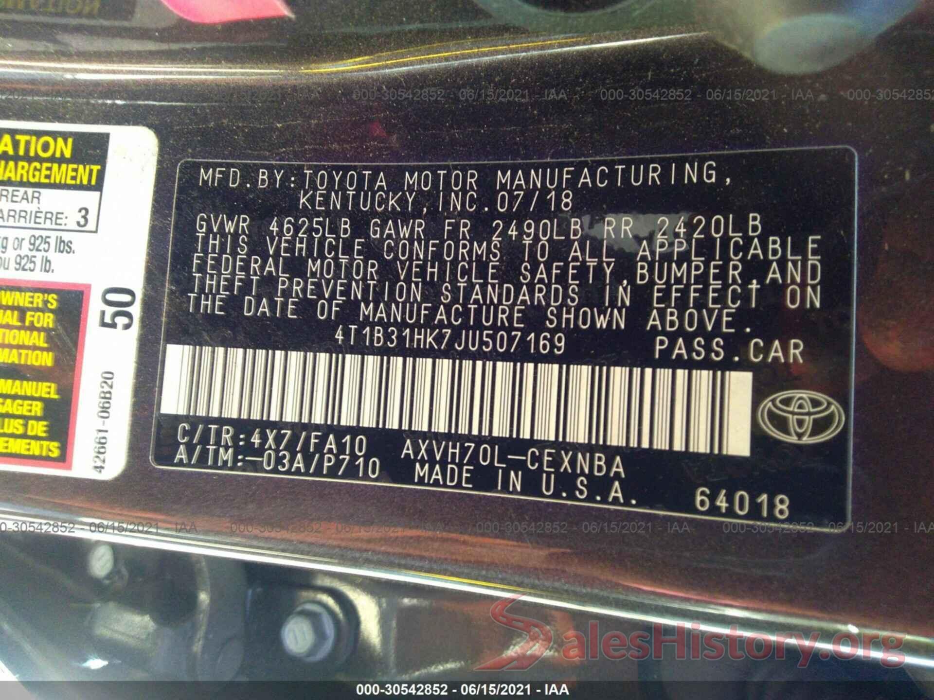 4T1B31HK7JU507169 2018 TOYOTA CAMRY